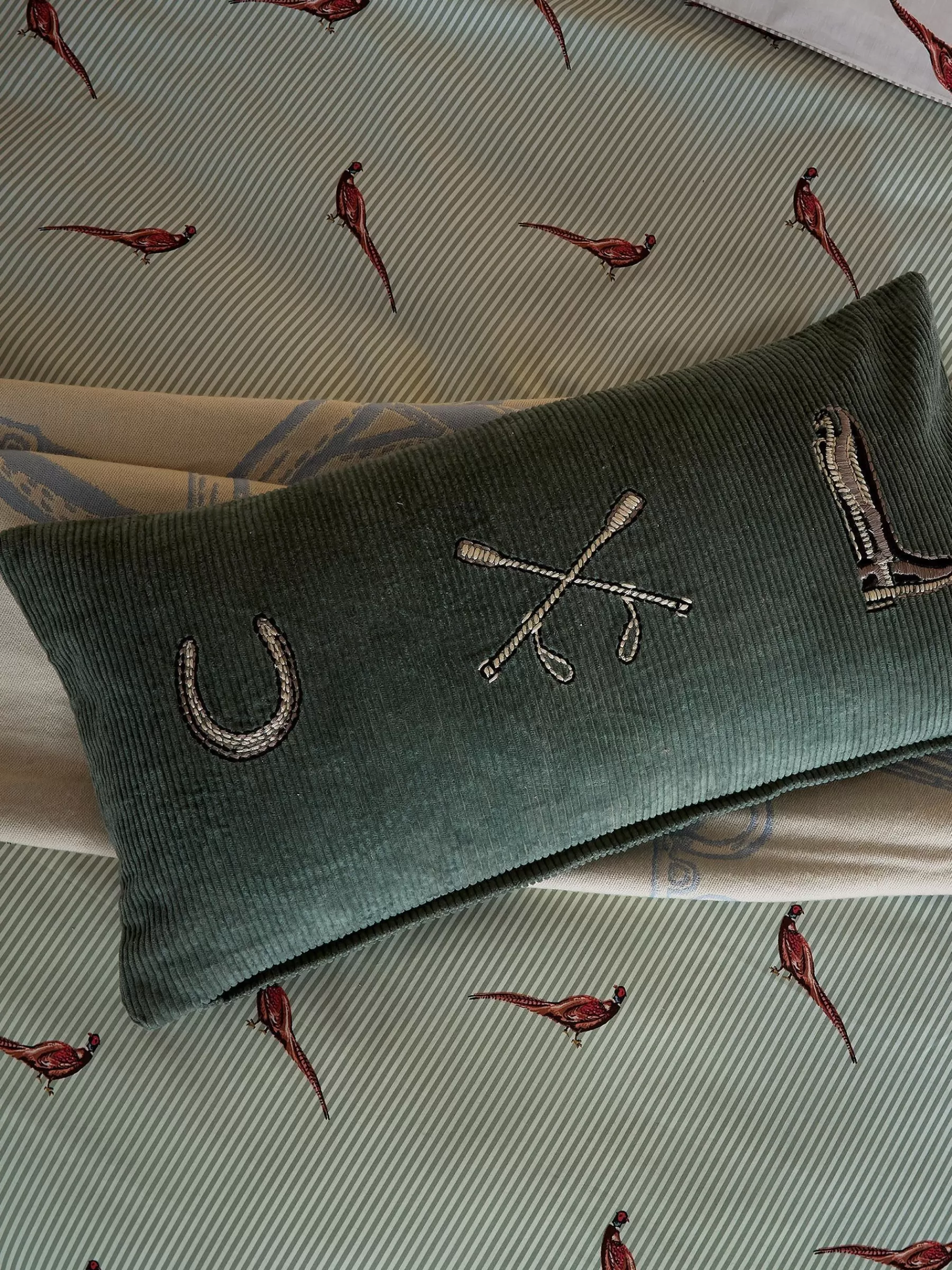 Joules Back to the Country 100% Cotton Equestrian Corduroy Cushion Green Cheap