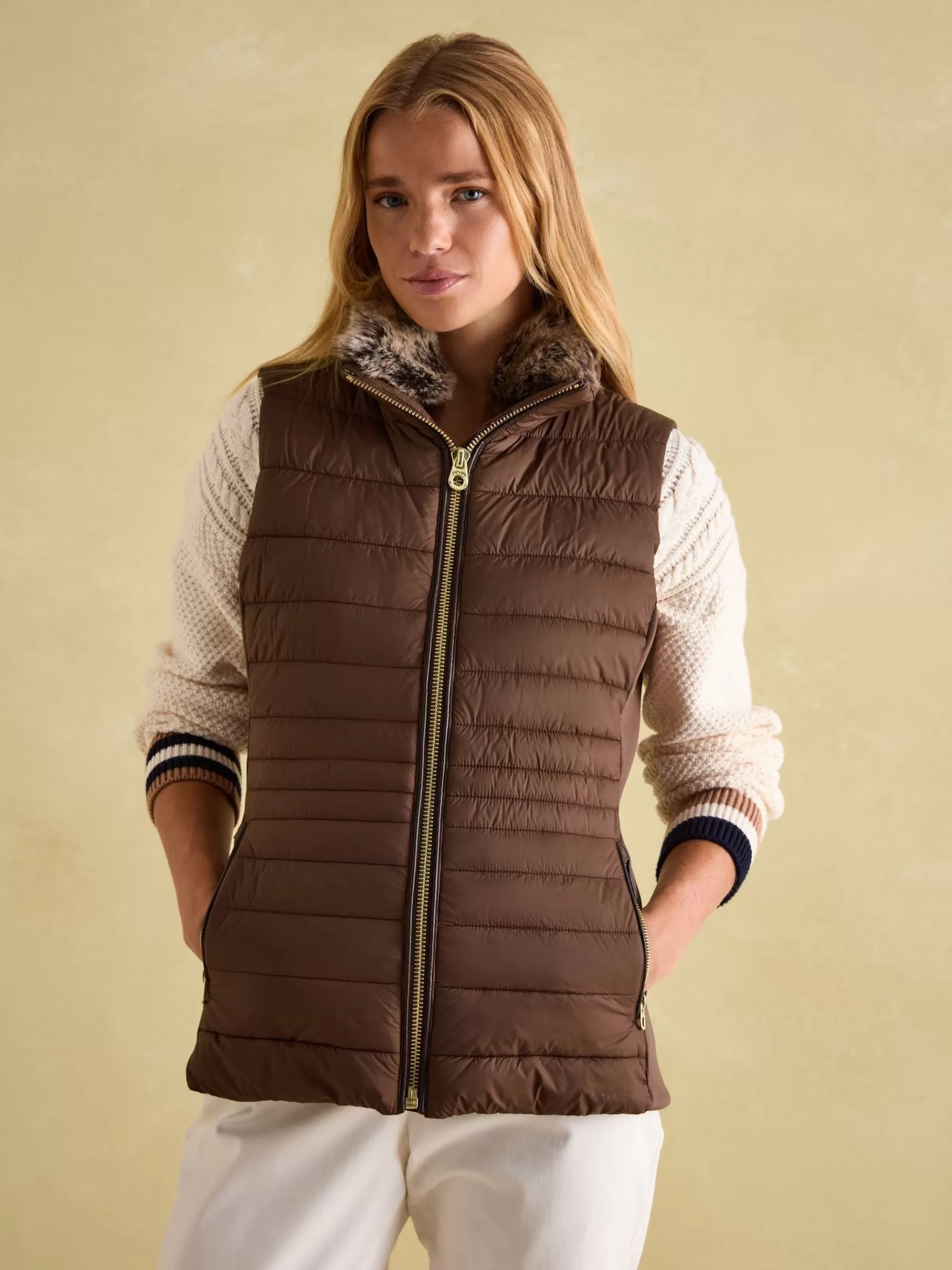 Joules Beckley Padded Showerproof Gilet With Detachable Faux Fur Collar Brown New