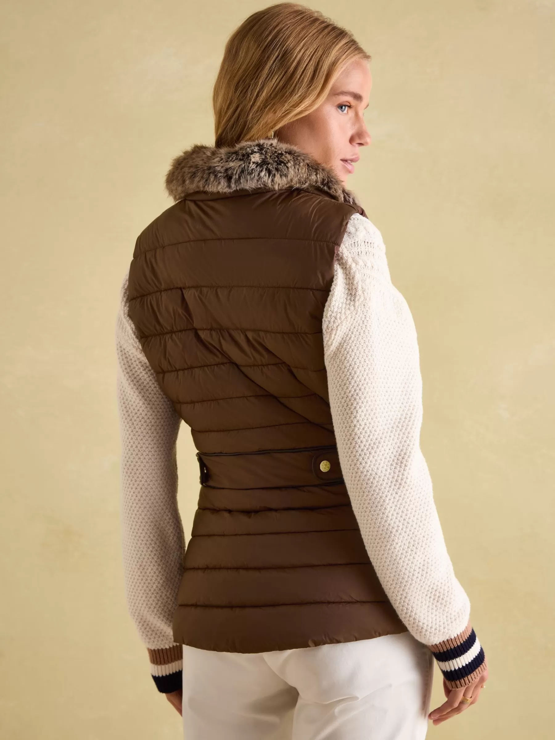 Joules Beckley Padded Showerproof Gilet With Detachable Faux Fur Collar Brown New