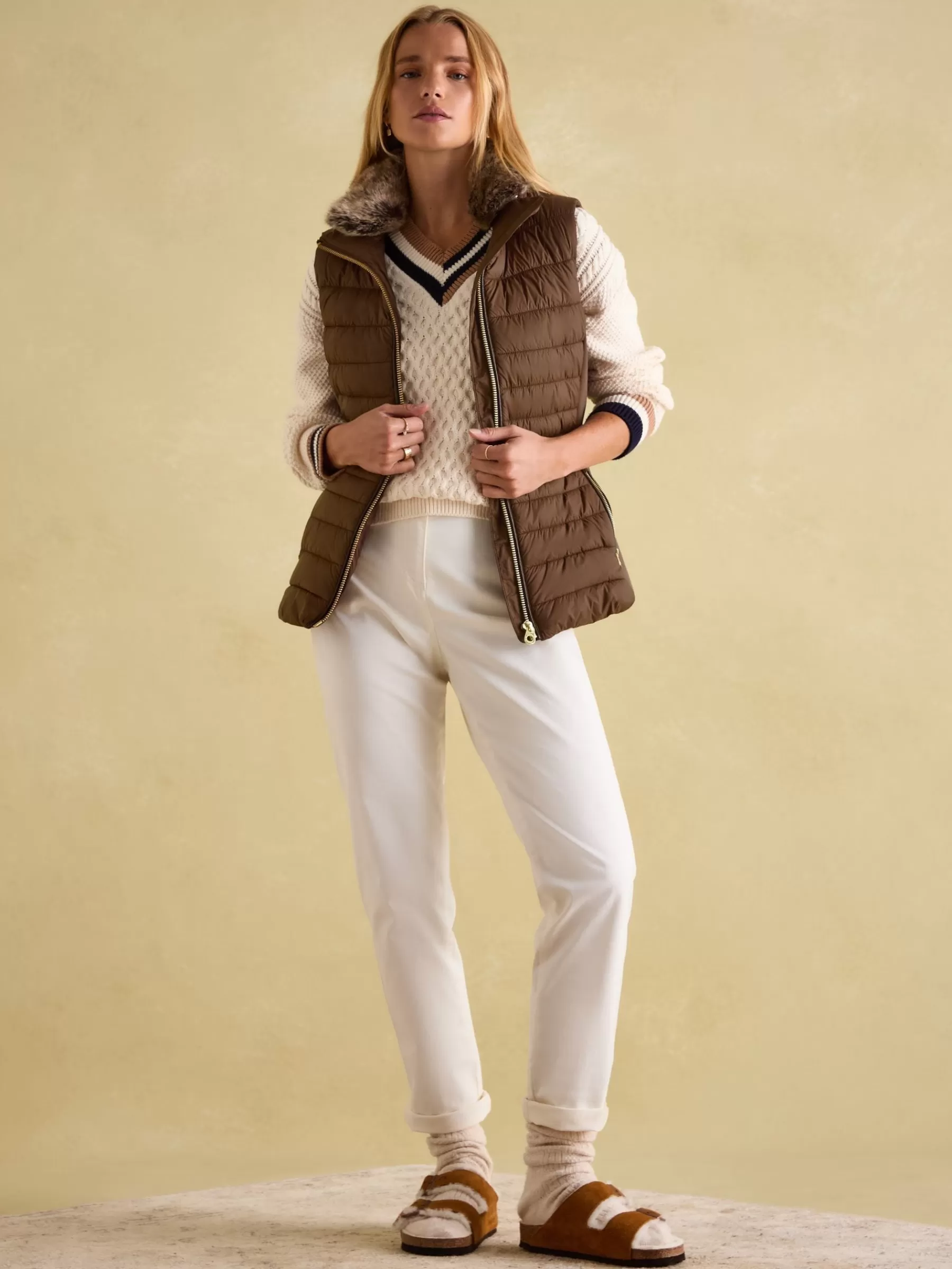 Joules Beckley Padded Showerproof Gilet With Detachable Faux Fur Collar Brown New