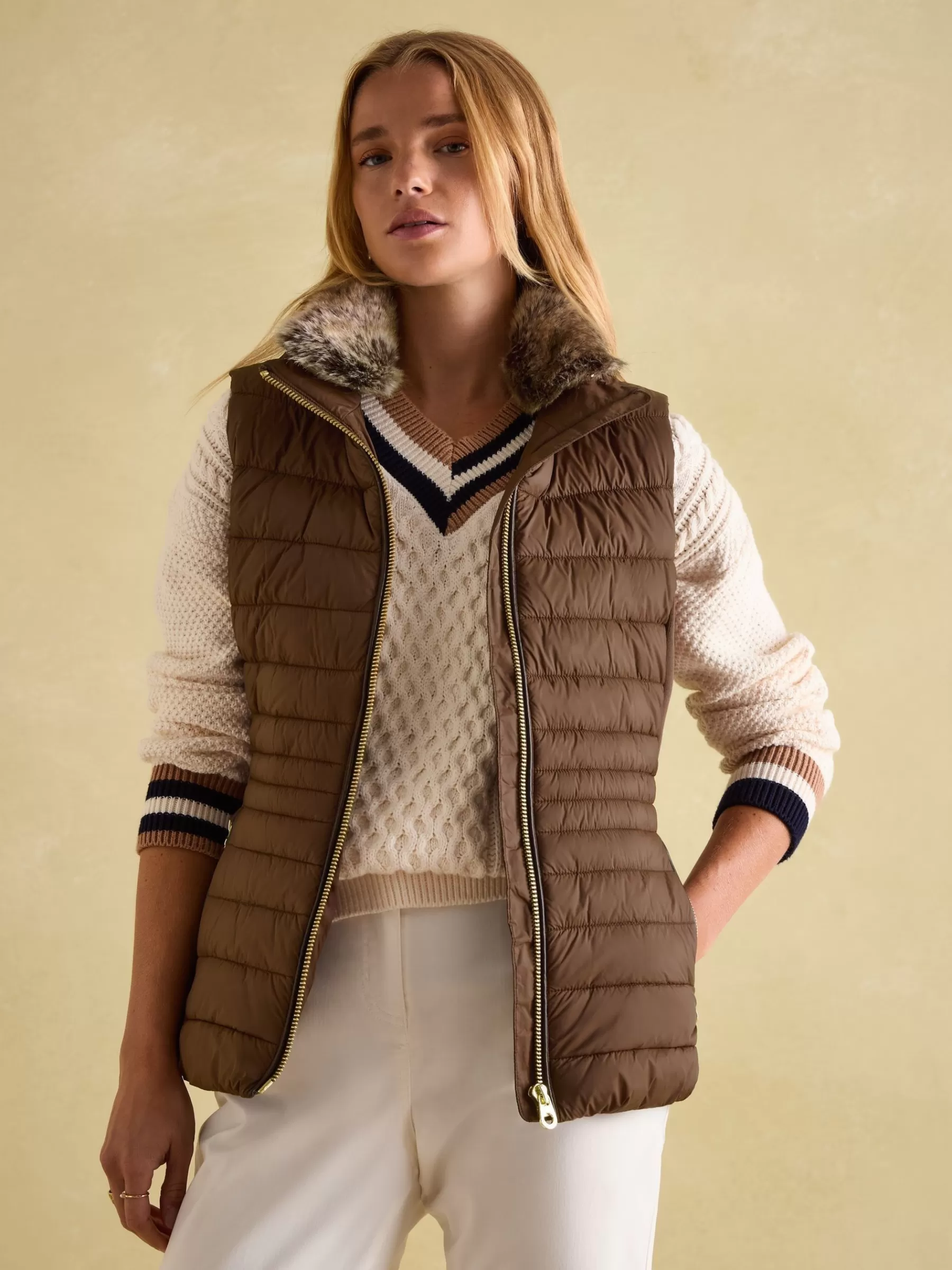 Joules Beckley Padded Showerproof Gilet With Detachable Faux Fur Collar Brown New