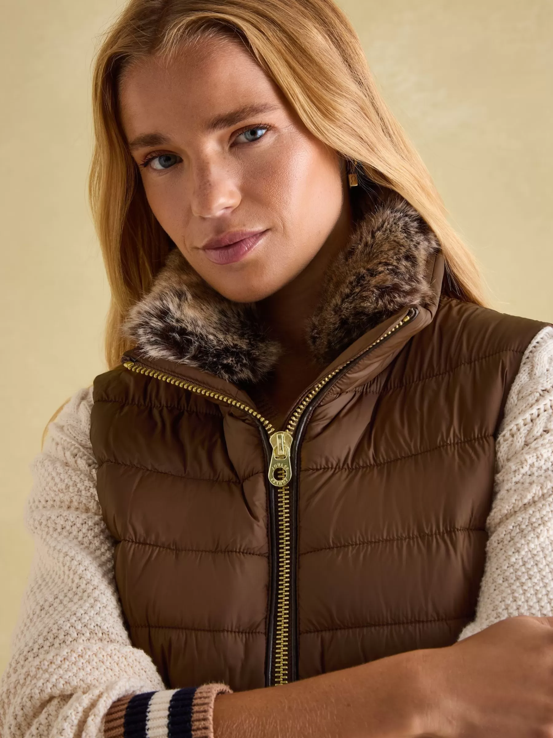 Joules Beckley Padded Showerproof Gilet With Detachable Faux Fur Collar Brown New