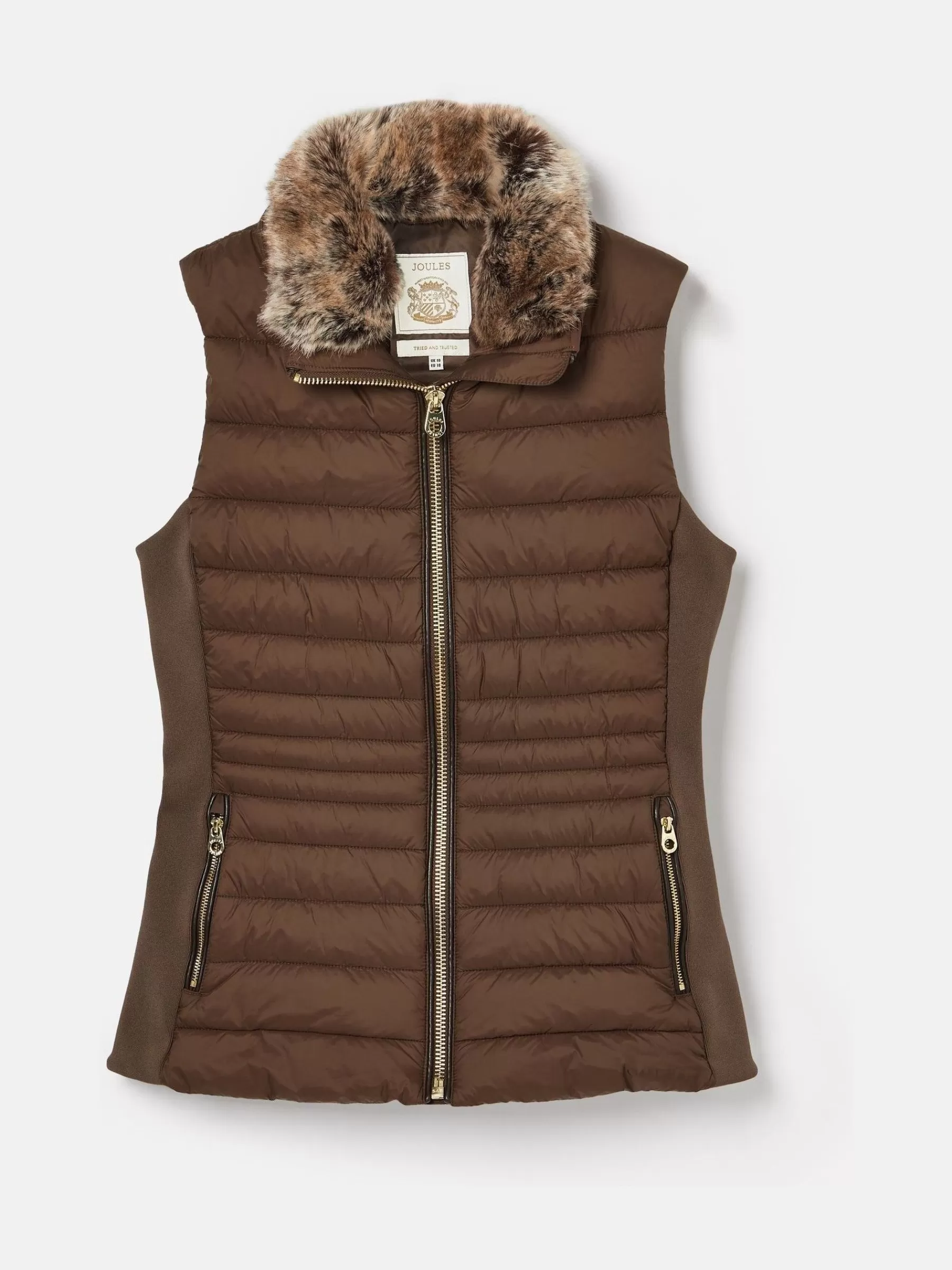 Joules Beckley Padded Showerproof Gilet With Detachable Faux Fur Collar Brown New
