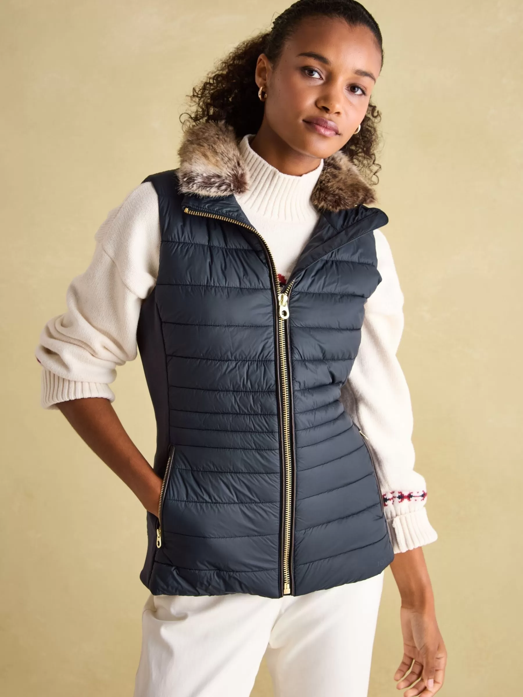 Joules Beckley Padded Showerproof Gilet With Detachable Faux Fur Collar Navy Online