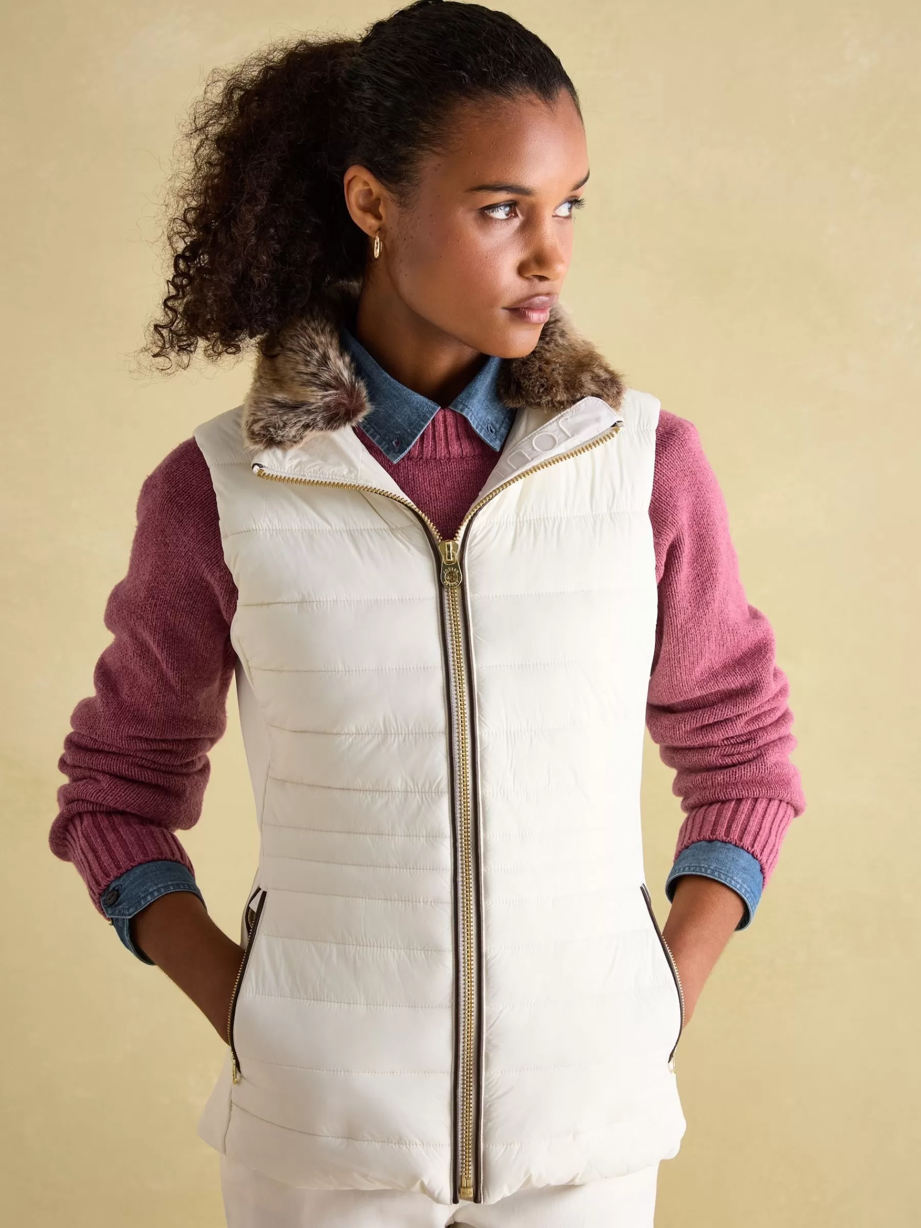 Joules Beckley Padded Showerproof Gilet With Detachable Faux Fur Collar White Hot