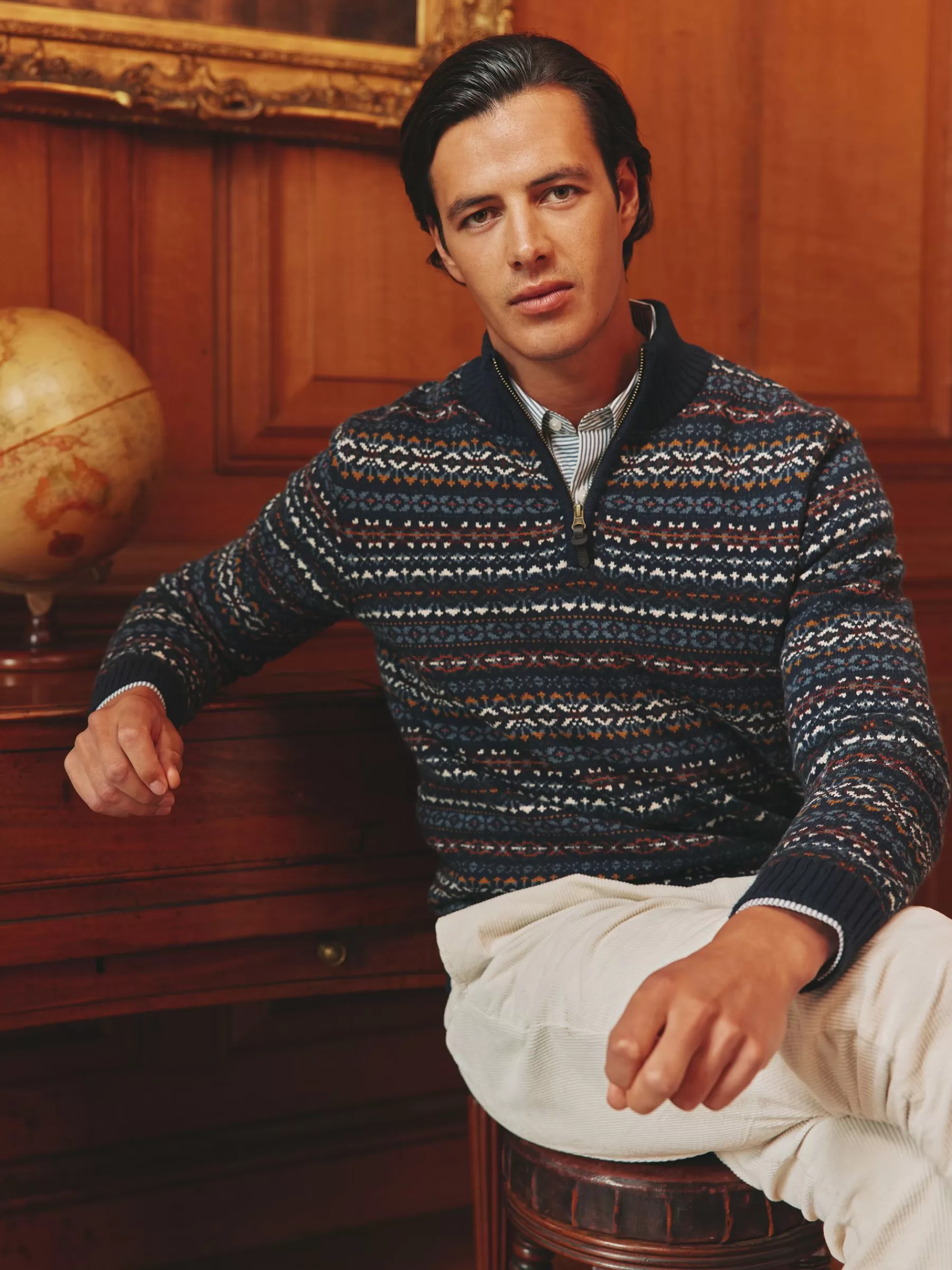 Joules Fair Isle Quarter Zip Knit Jumper Contains Merino Wool Navy Cheap
