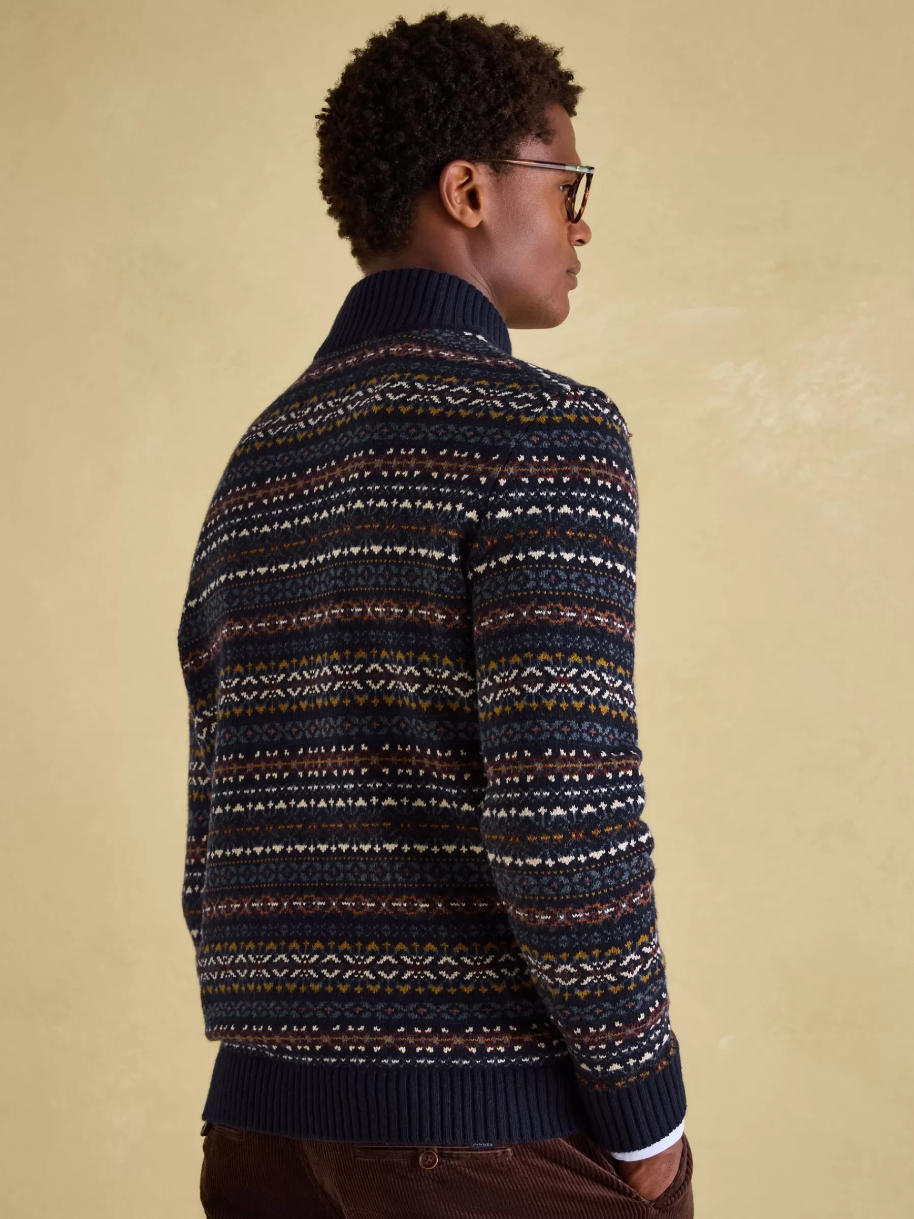 Joules Fair Isle Quarter Zip Knit Jumper Contains Merino Wool Navy Cheap