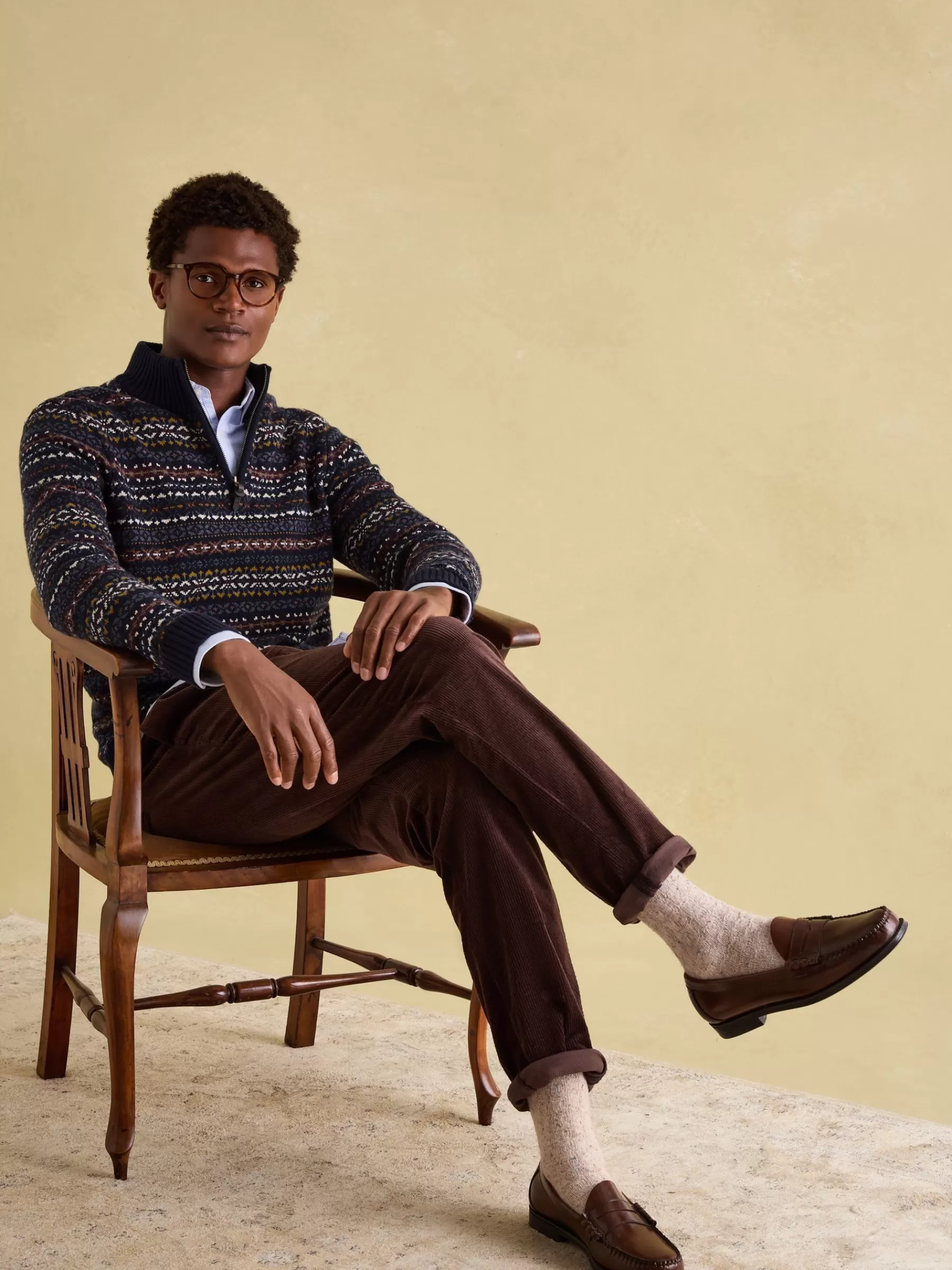Joules Fair Isle Quarter Zip Knit Jumper Contains Merino Wool Navy Cheap