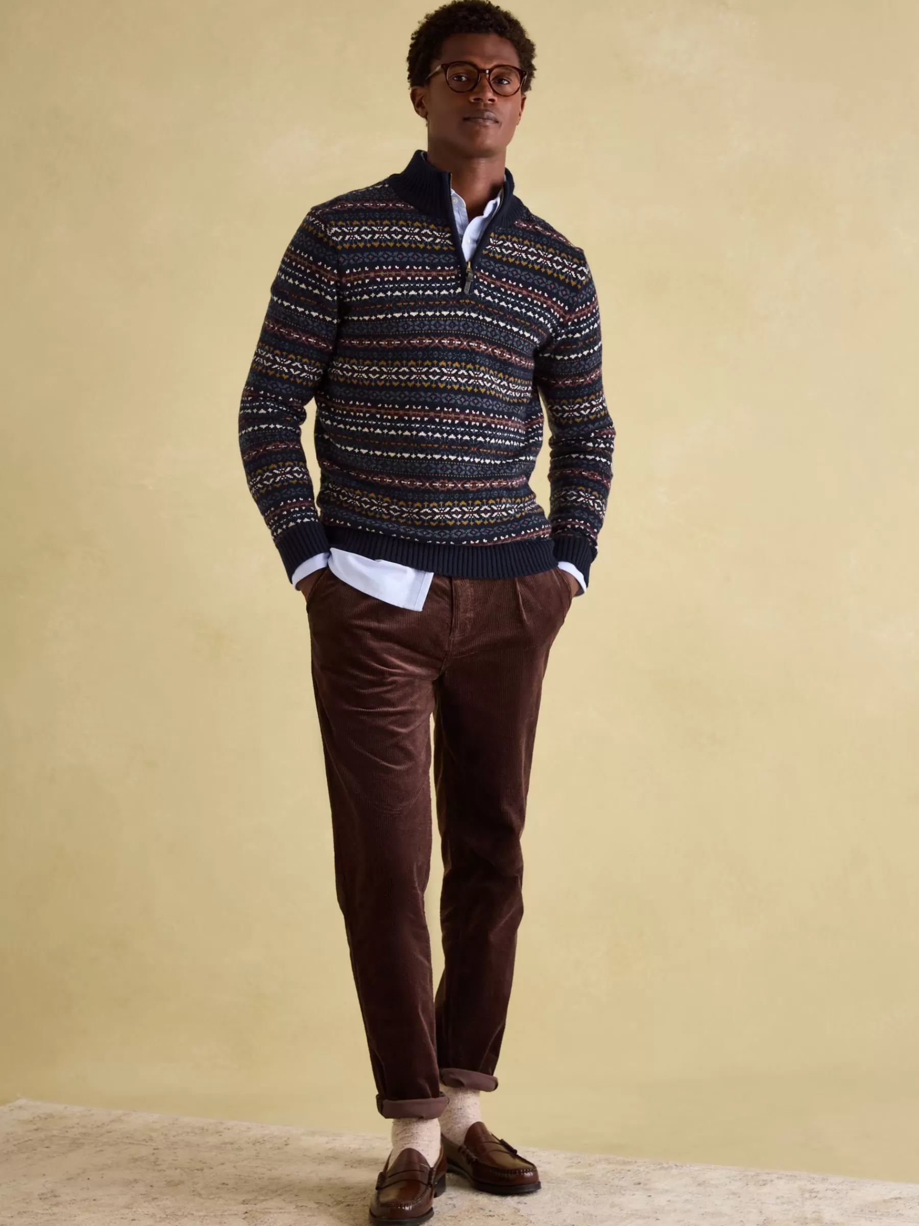 Joules Fair Isle Quarter Zip Knit Jumper Contains Merino Wool Navy Cheap