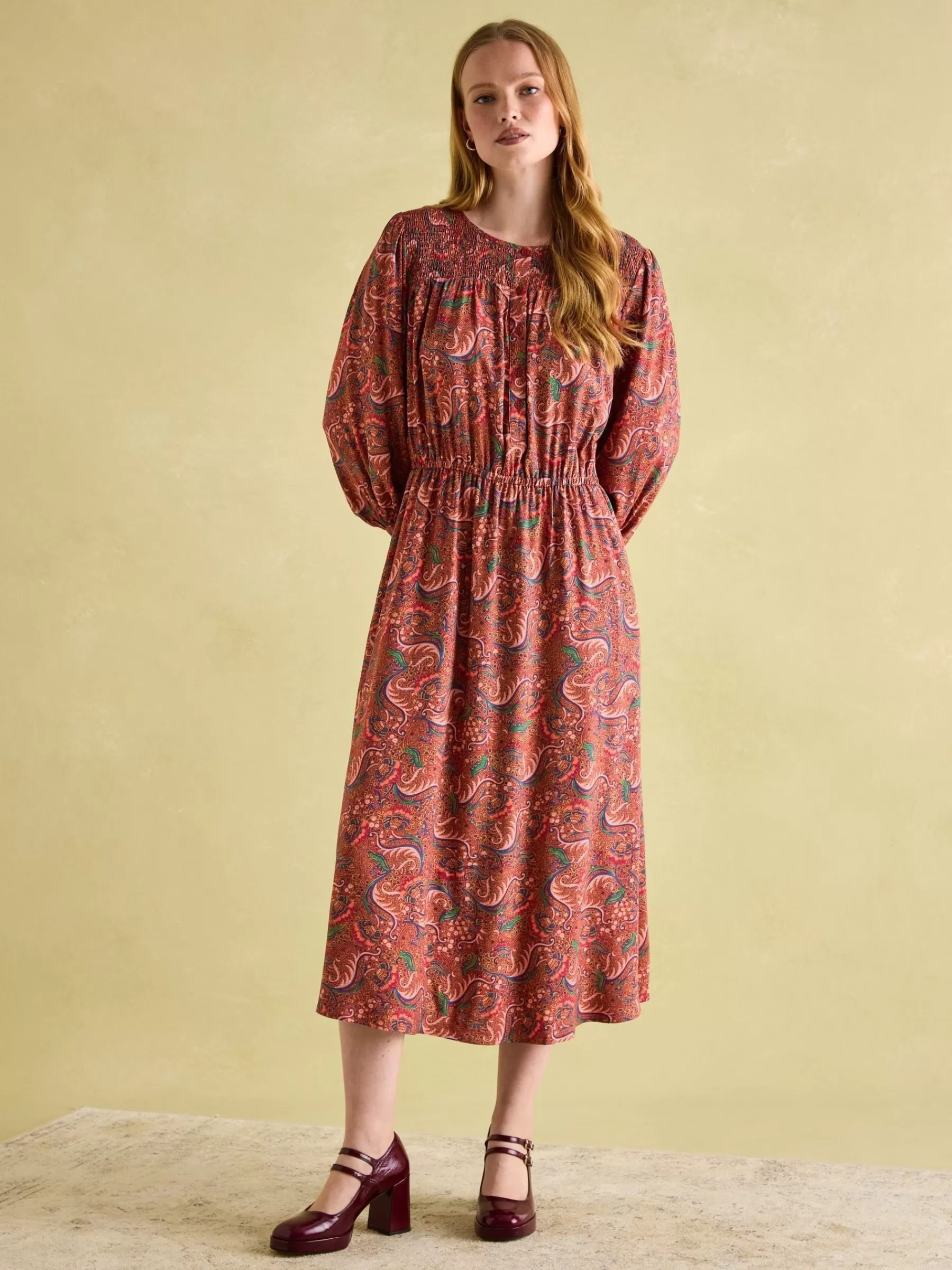 Joules Felicity Red Paisley Smocked Midi Dress RedPaisley Flash Sale