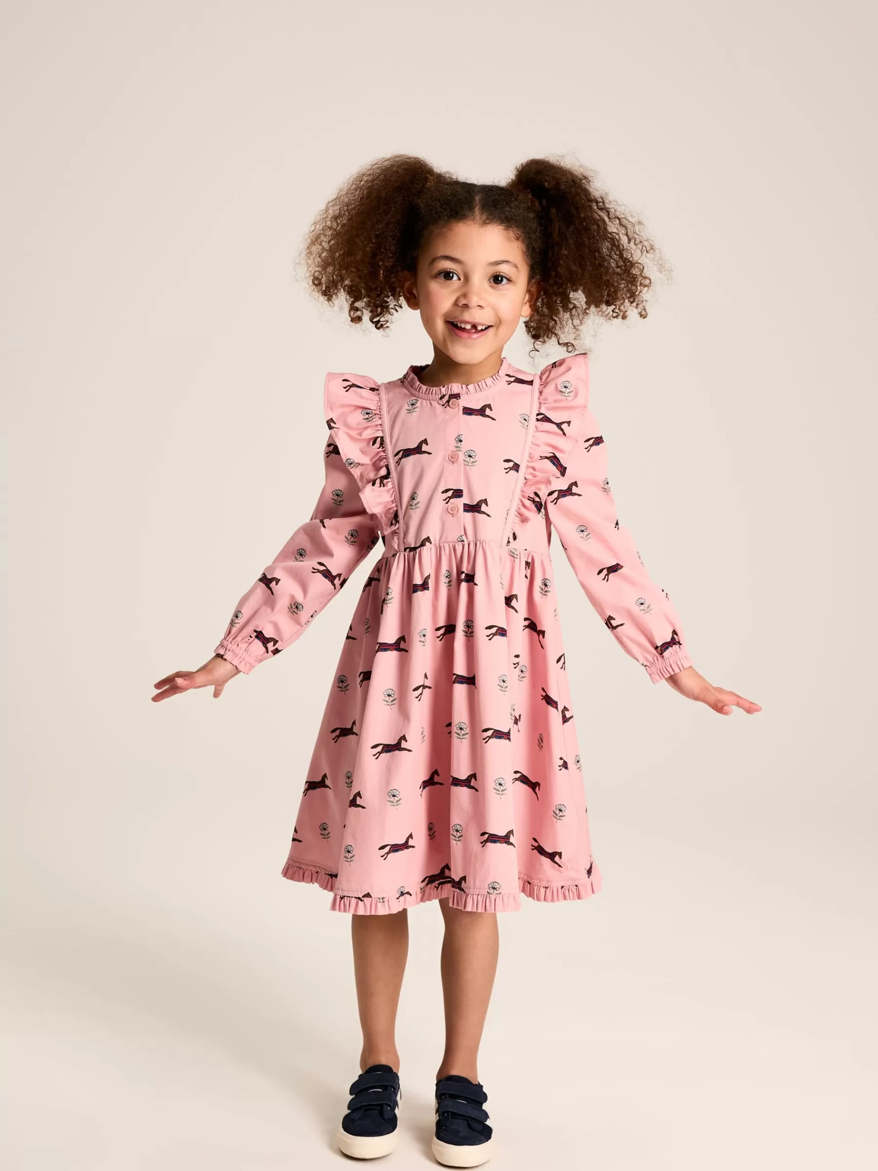 Joules Florence Pink Horse Print Long Sleeve Frilled Dress PinkHorsePrint Sale