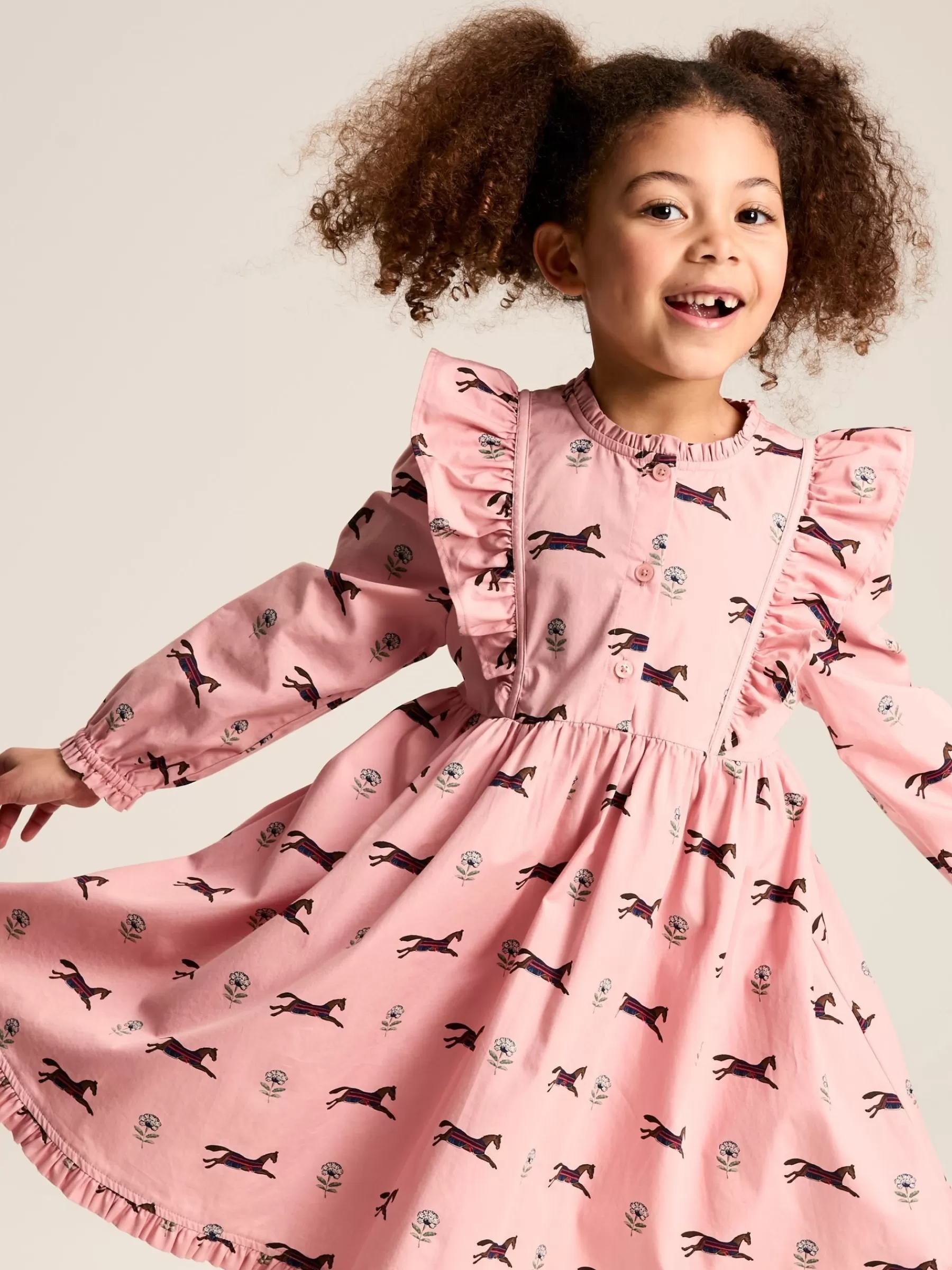 Joules Florence Pink Horse Print Long Sleeve Frilled Dress PinkHorsePrint Sale