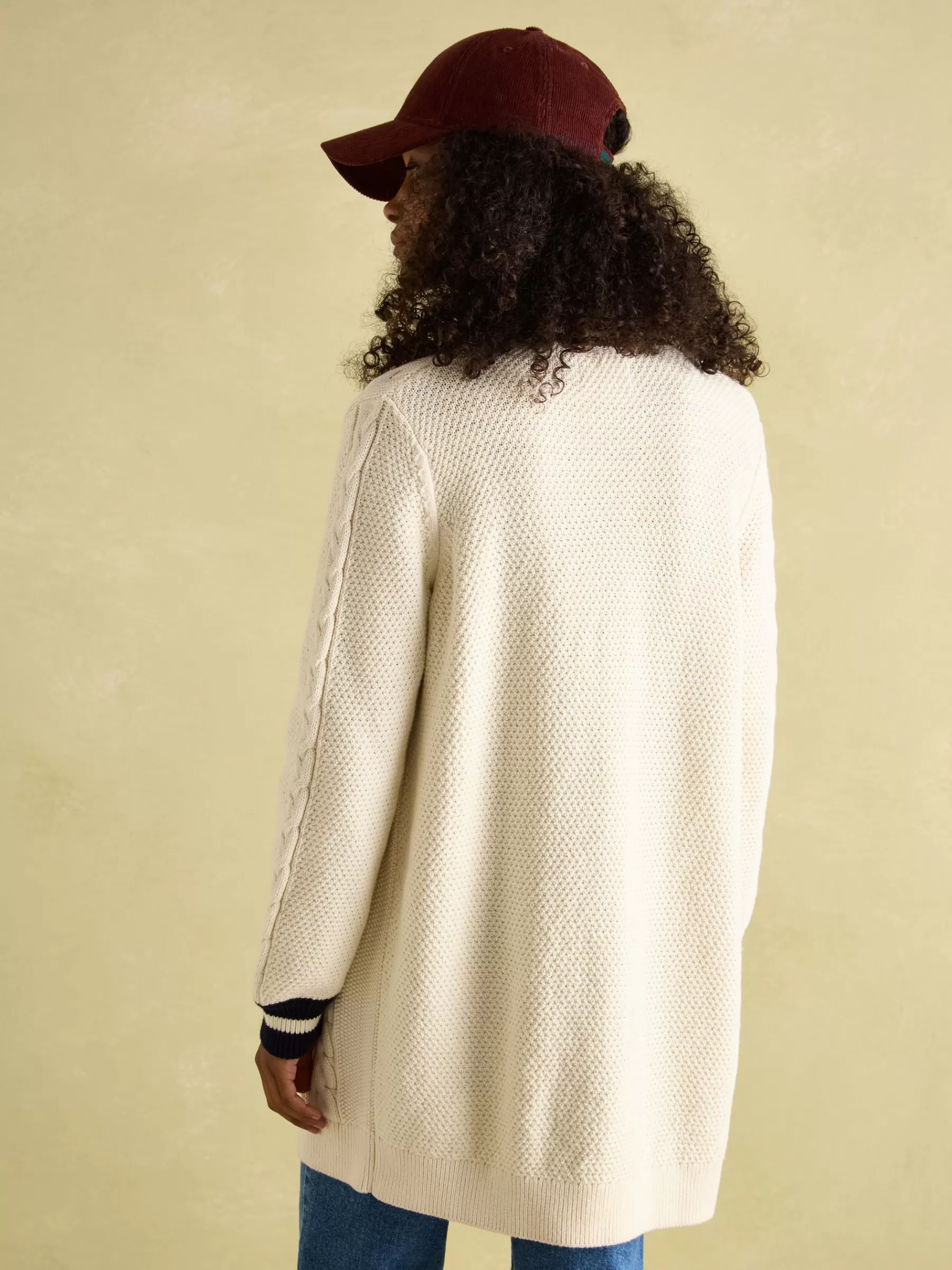 Joules Game Point Button Through Longline Cable Knit Cardigan Cream/Navy Cheap