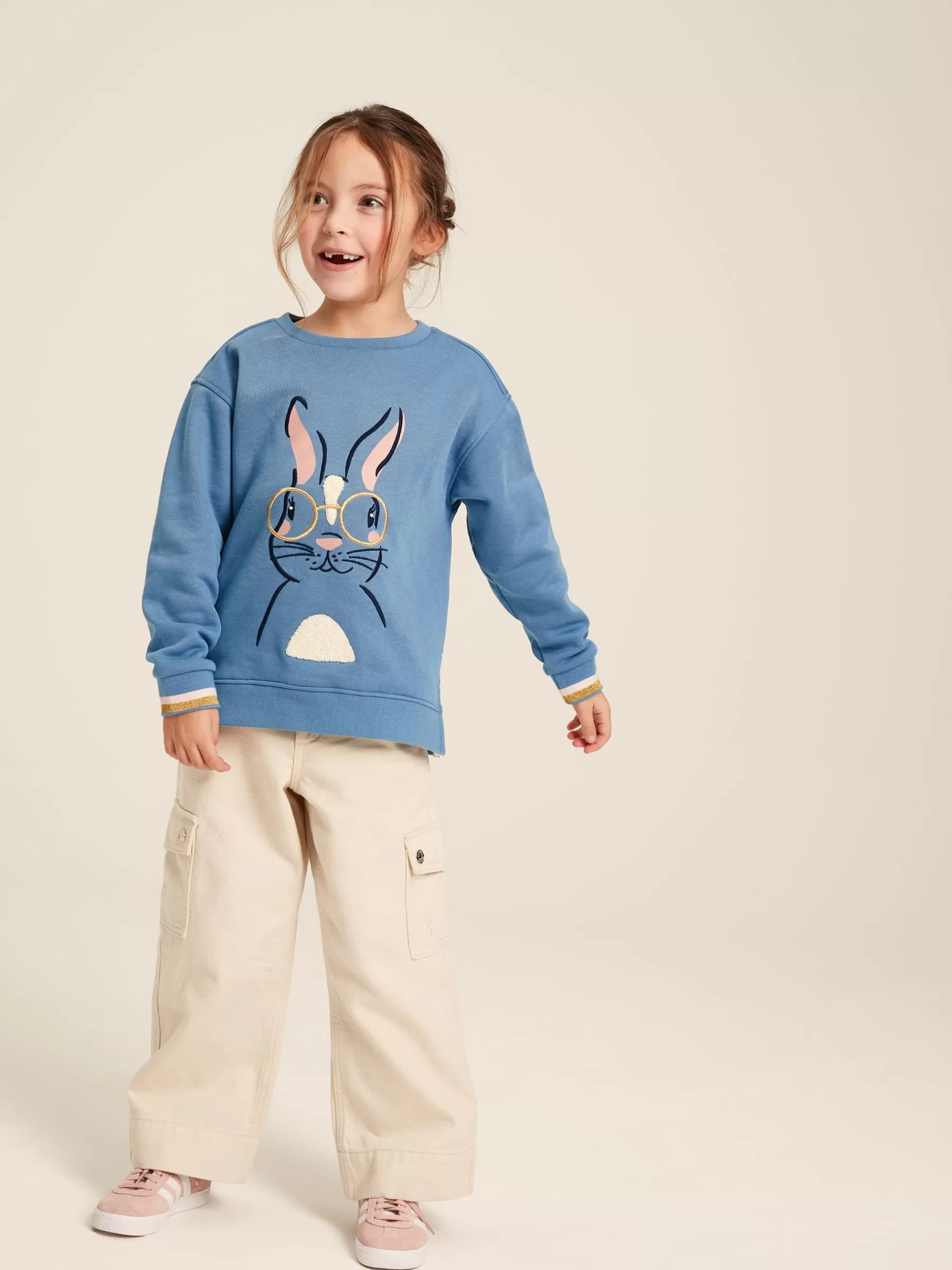 Joules Girls' Mackenzie Blue Rabbit Embroidered Artwork Crew Neck Sweatshirt BlueRabbit Fashion