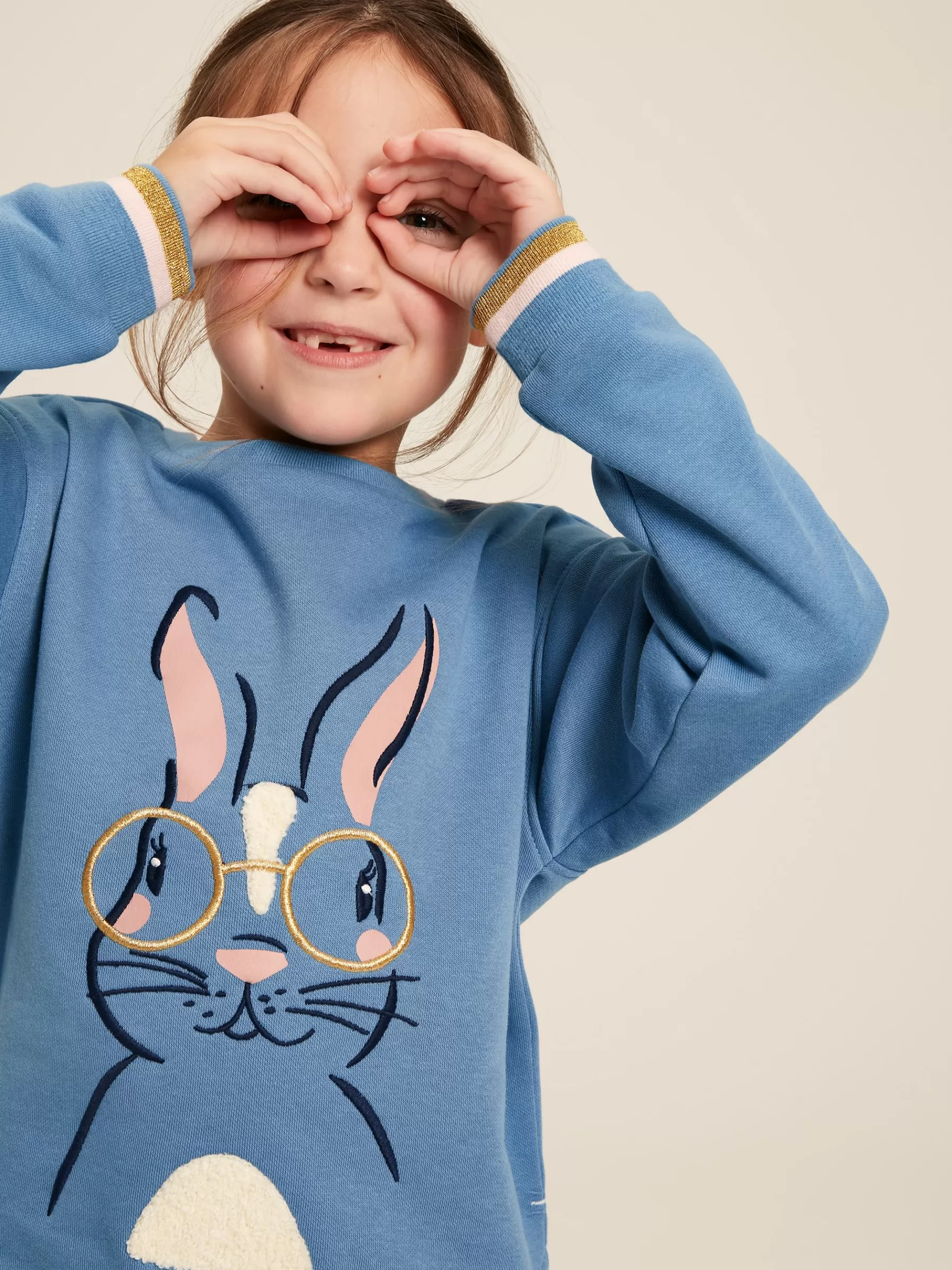 Joules Girls' Mackenzie Blue Rabbit Embroidered Artwork Crew Neck Sweatshirt BlueRabbit Fashion