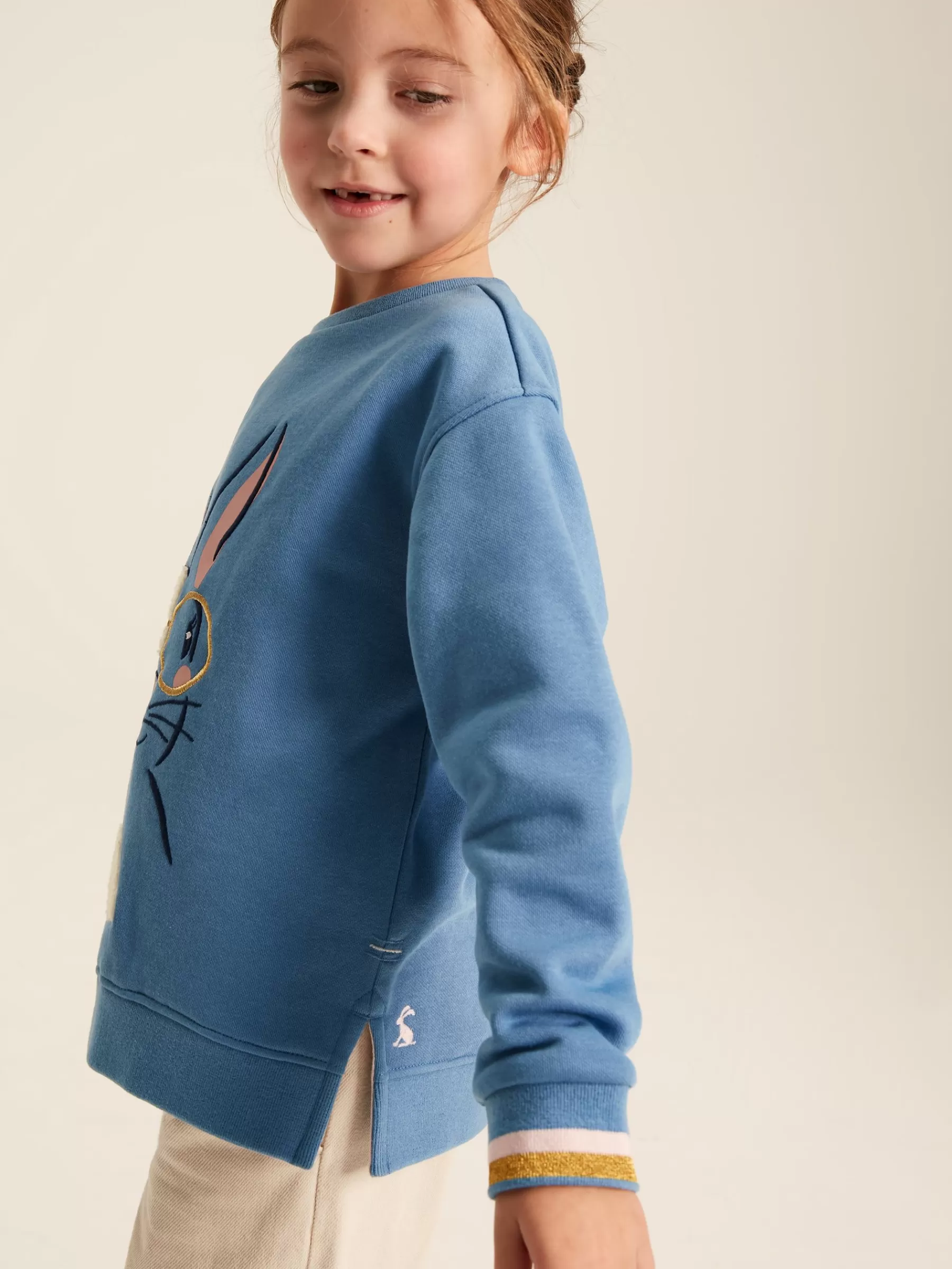 Joules Girls' Mackenzie Blue Rabbit Embroidered Artwork Crew Neck Sweatshirt BlueRabbit Fashion