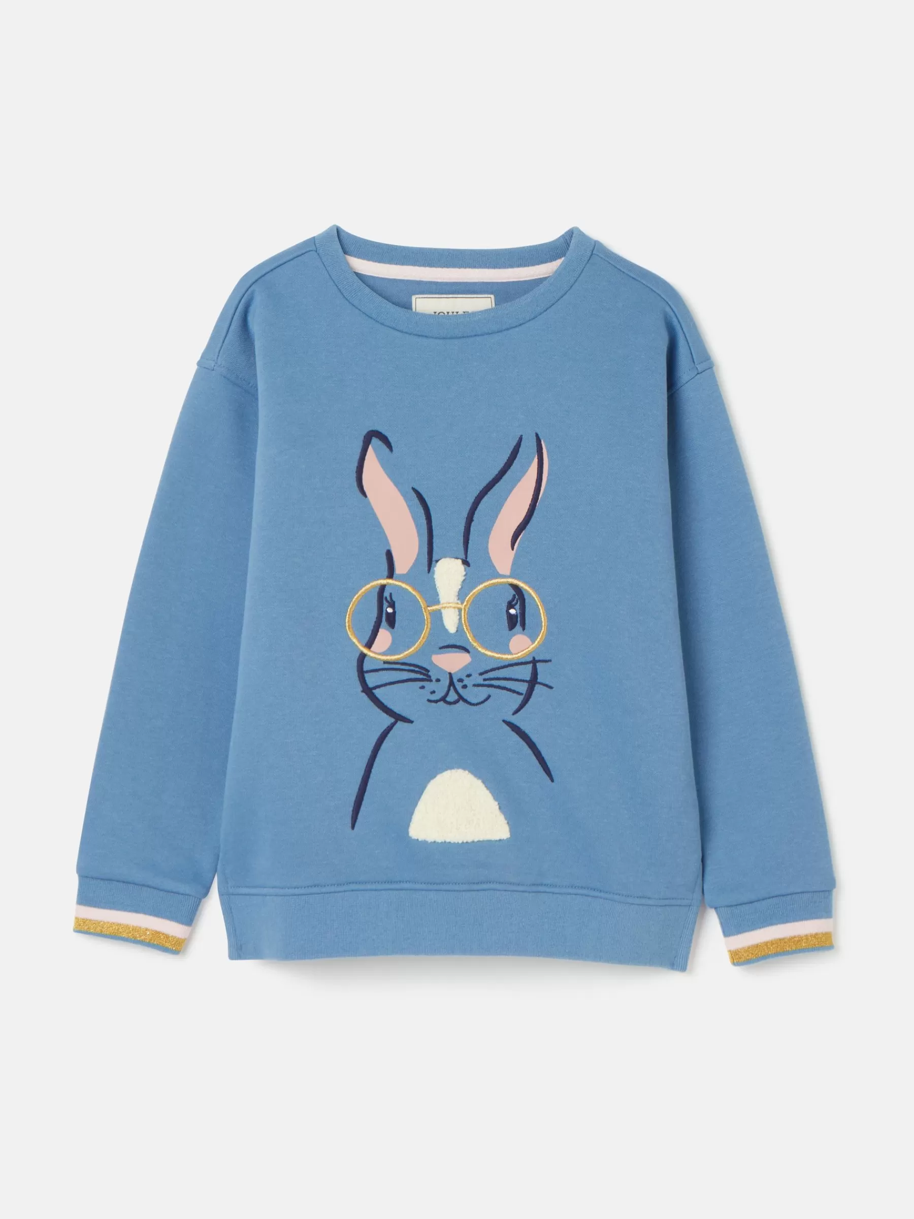 Joules Girls' Mackenzie Blue Rabbit Embroidered Artwork Crew Neck Sweatshirt BlueRabbit Fashion