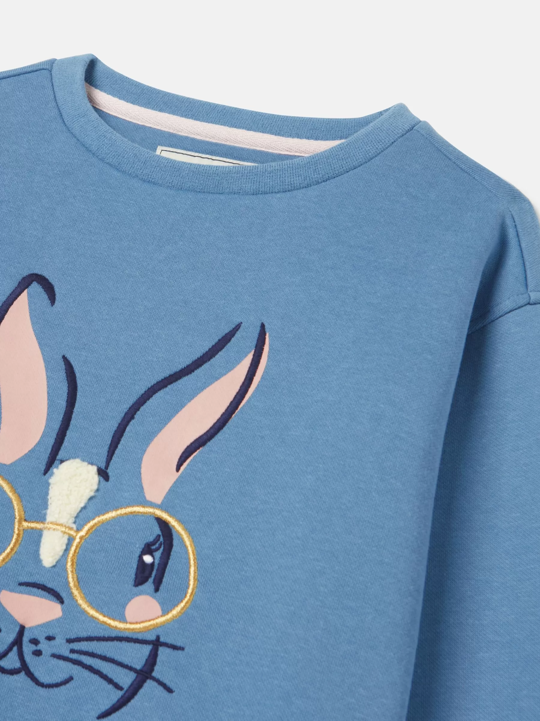 Joules Girls' Mackenzie Blue Rabbit Embroidered Artwork Crew Neck Sweatshirt BlueRabbit Fashion