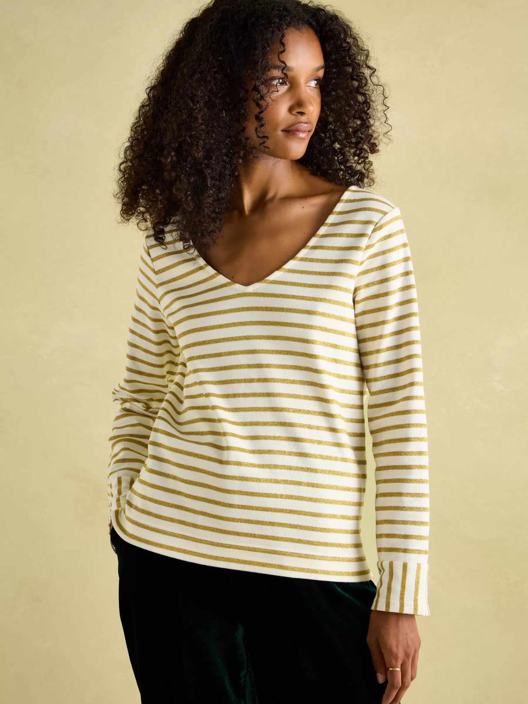 Joules Harbour V-Neck Jersey Top Cream/Gold Sale