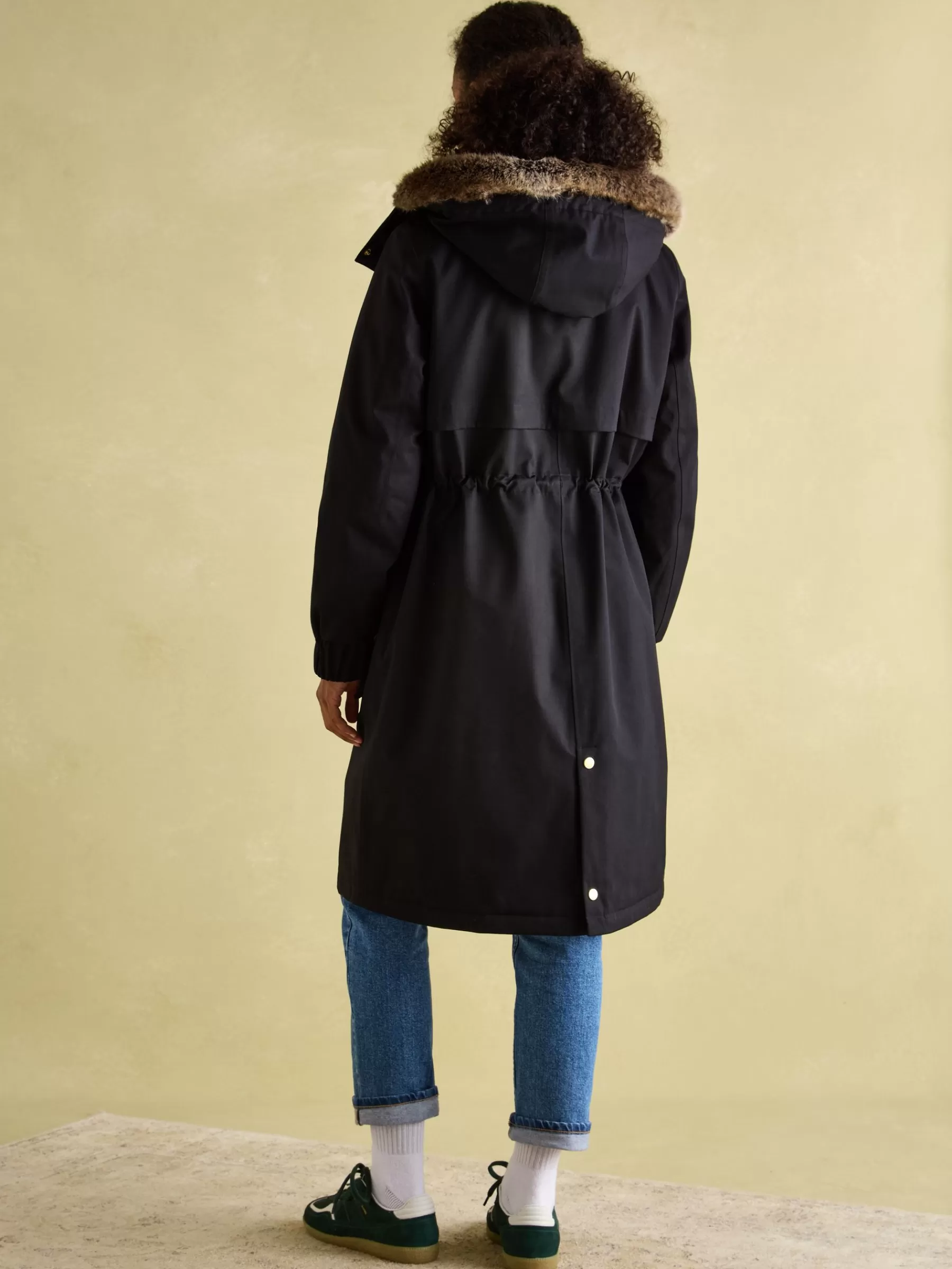 Joules Harpsden Cosy Waterproof Fleece Lined Raincoat with Faux Fur Hood Black Best