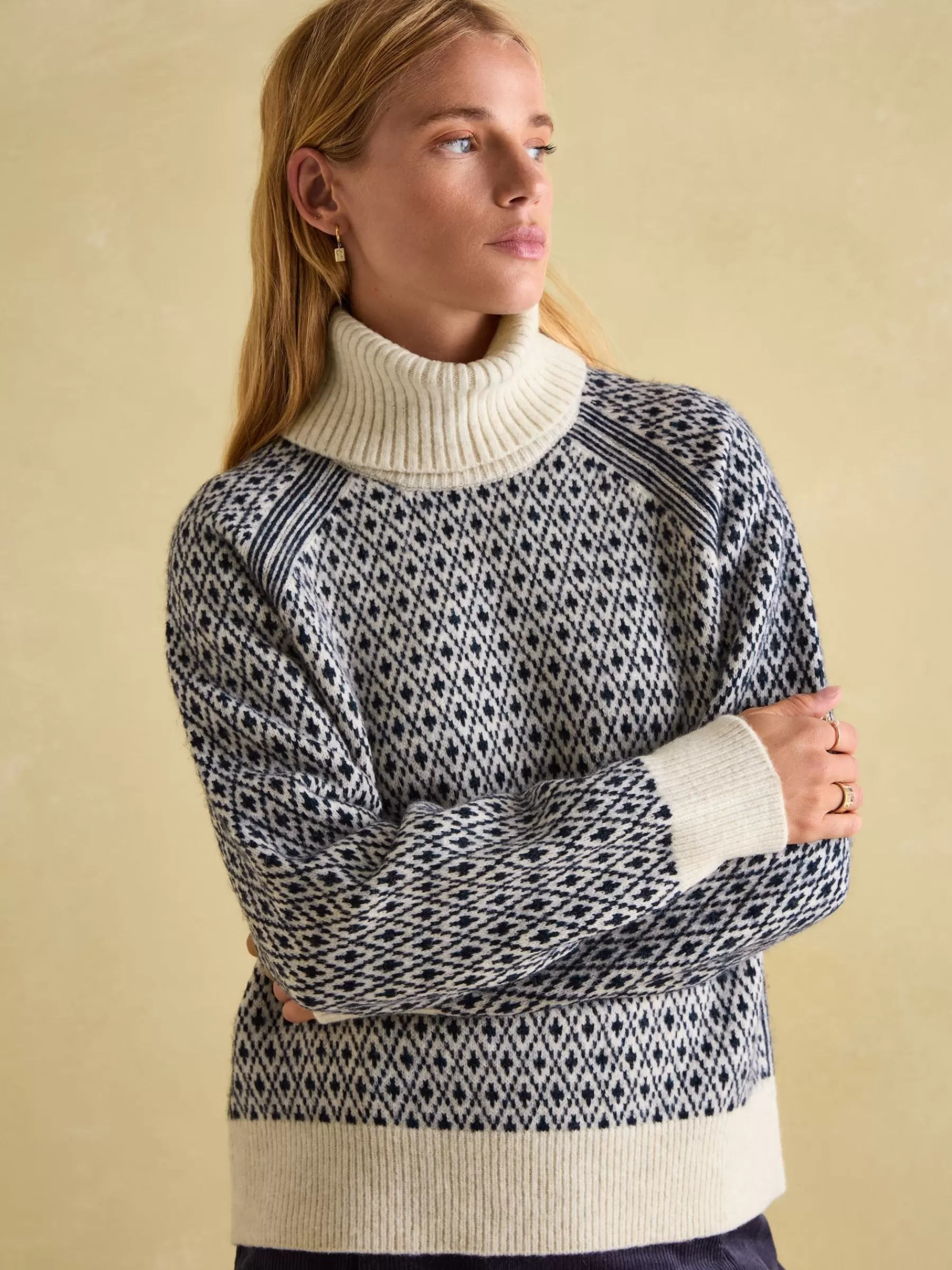 Joules Ingrid Patterned Jumper with Detachable Roll Neck Cream/Navy Cheap