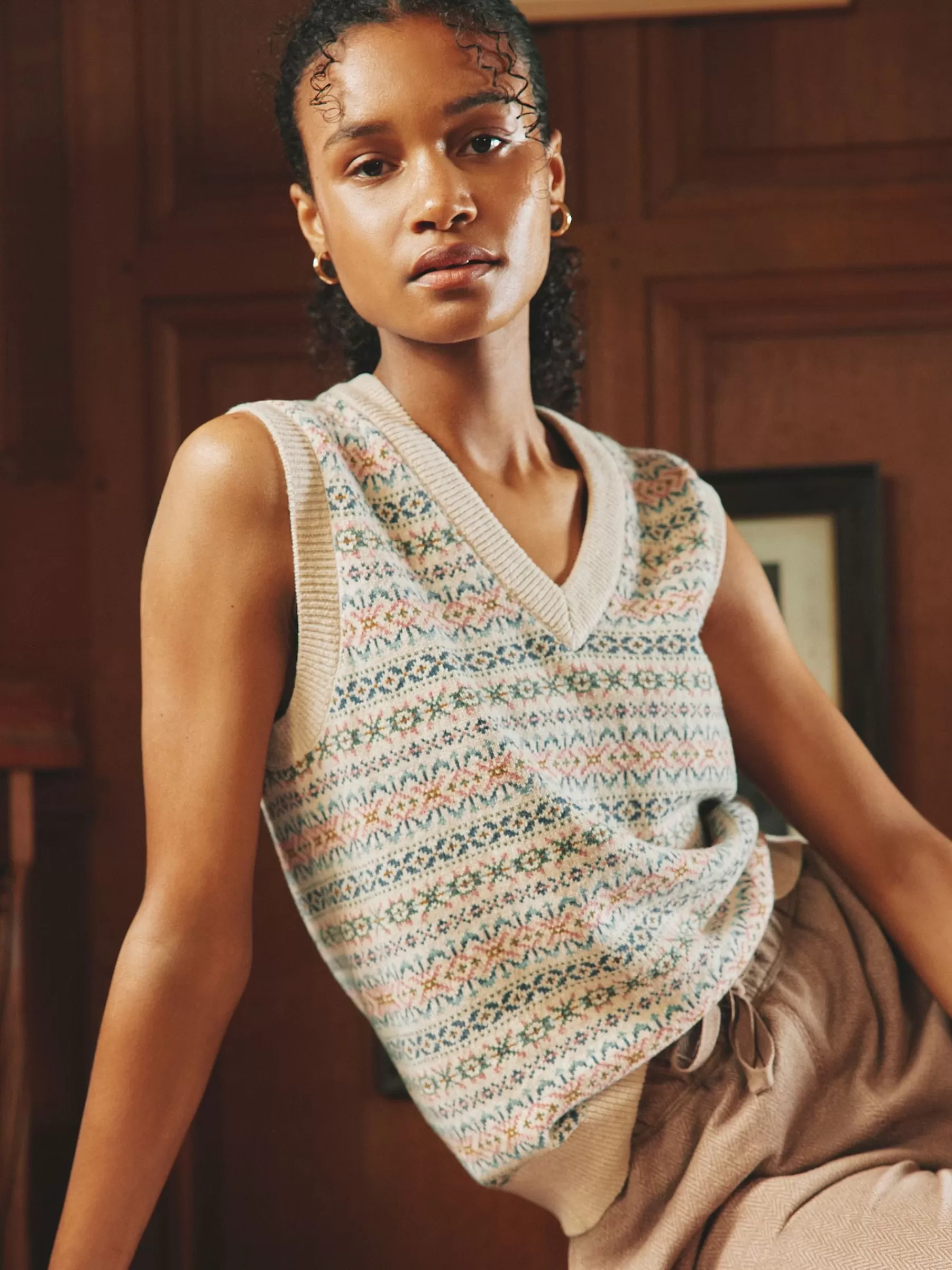 Joules Islay V Neck Fair Isle Knitted Vest Oatmeal Hot