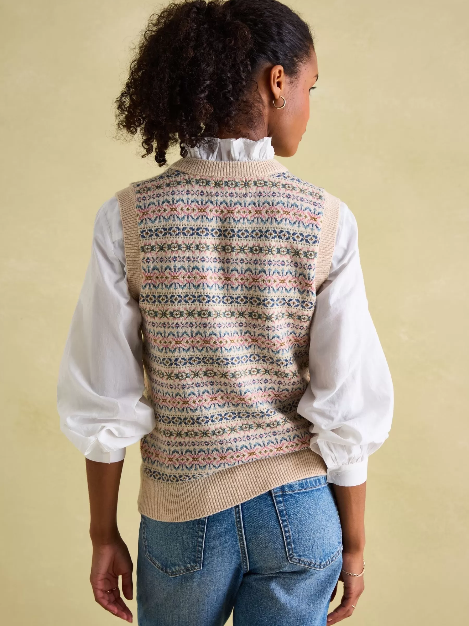 Joules Islay V Neck Fair Isle Knitted Vest Oatmeal Hot