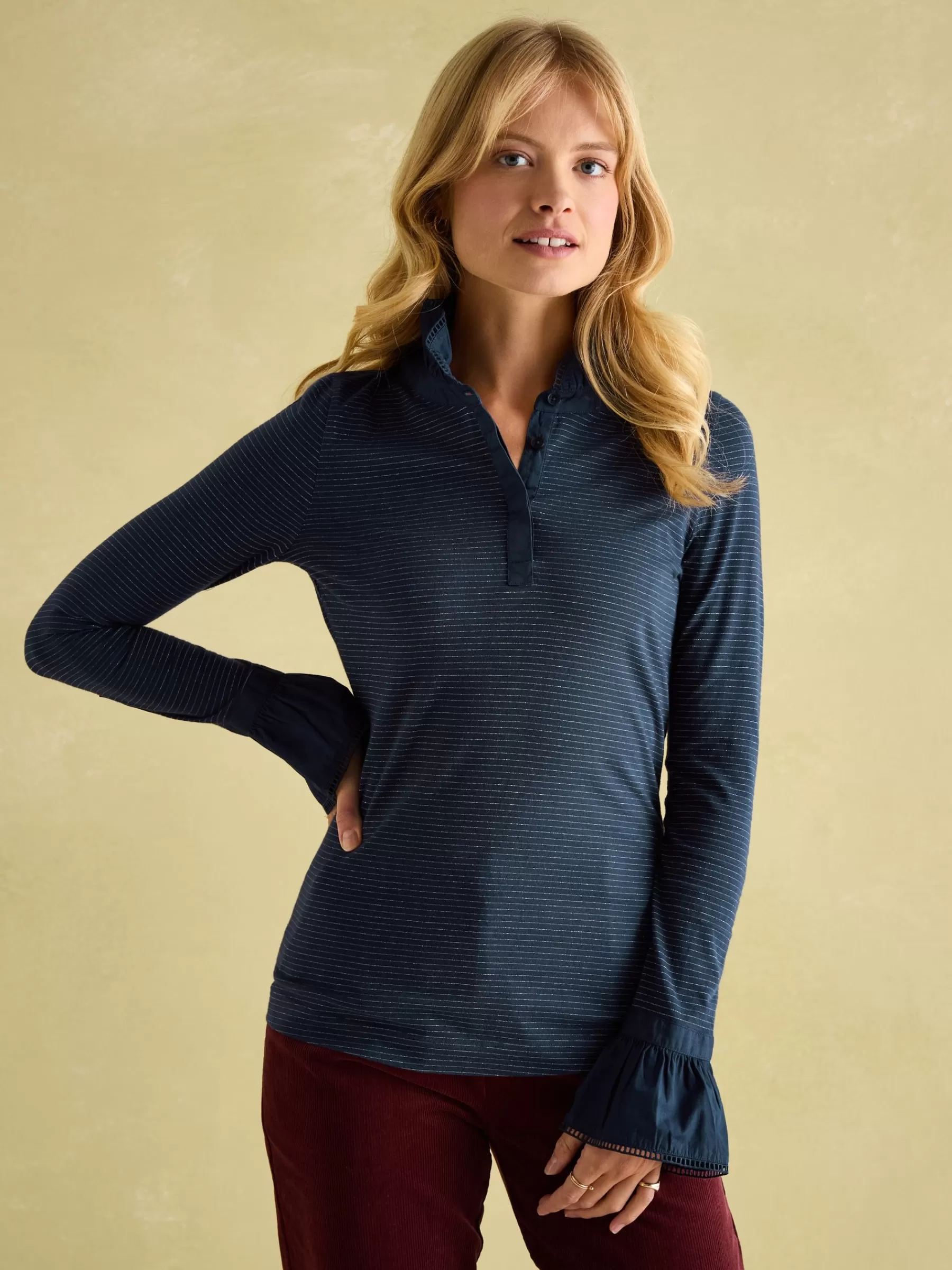 Joules Kate Navy Sparkle Long Sleeve Frilled Neck Top NavySparkle Outlet