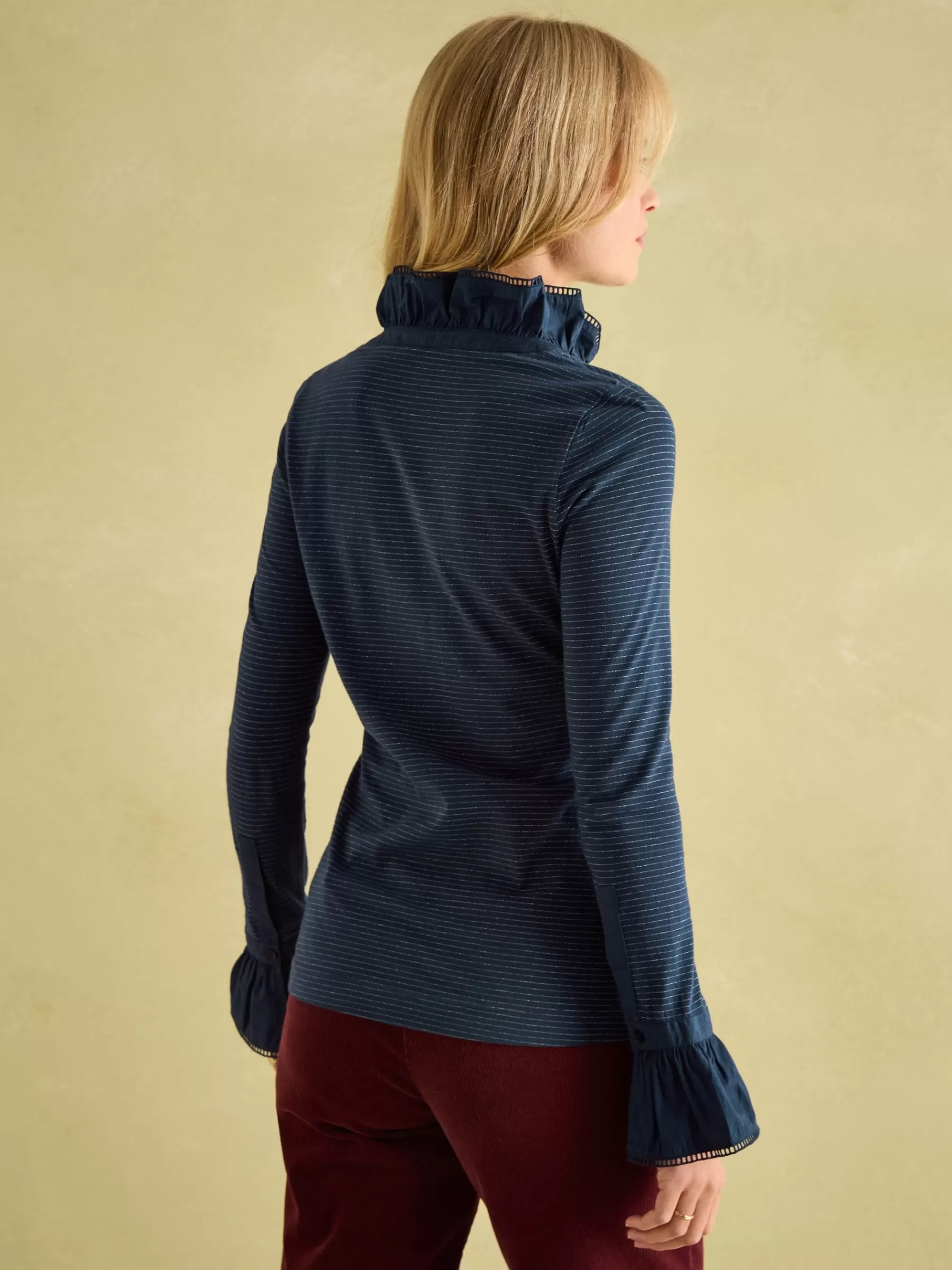 Joules Kate Navy Sparkle Long Sleeve Frilled Neck Top NavySparkle Outlet