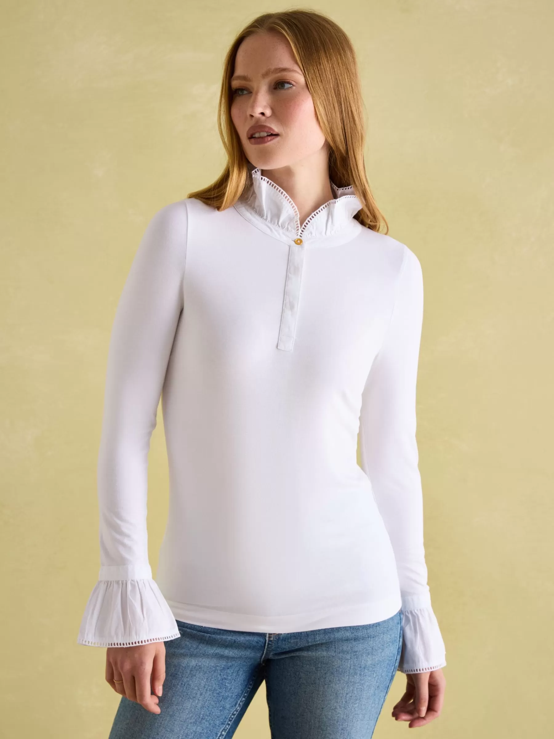 Joules Kate Long Sleeve Frilled Neck Top White Fashion