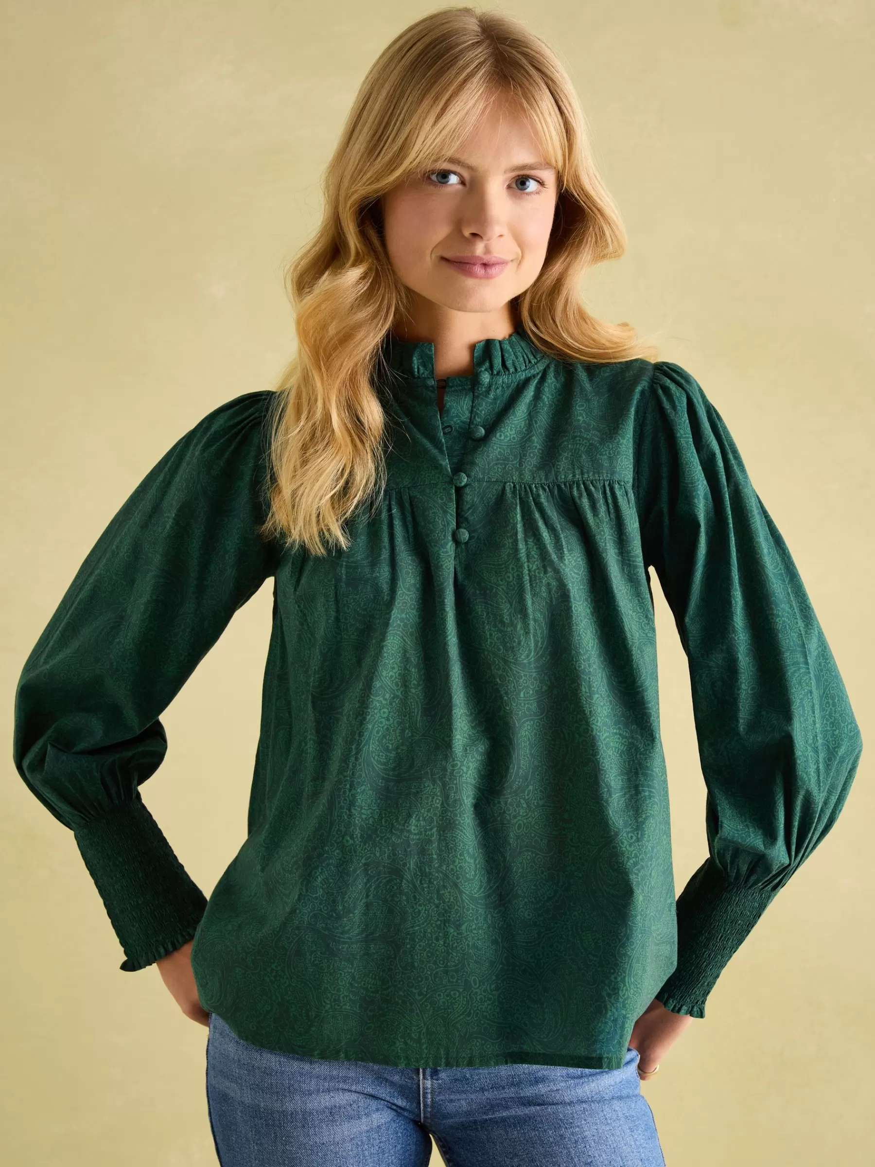 Joules Mariella Green Paisley Cotton Frill Neck Blouse GreenPaisley Cheap
