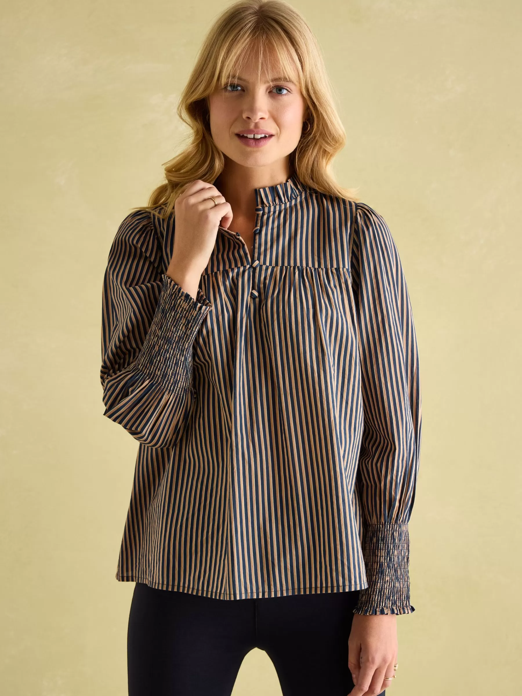 Joules Mariella Navy Stripe Cotton Frill Neck Blouse NavyStripe Best Sale