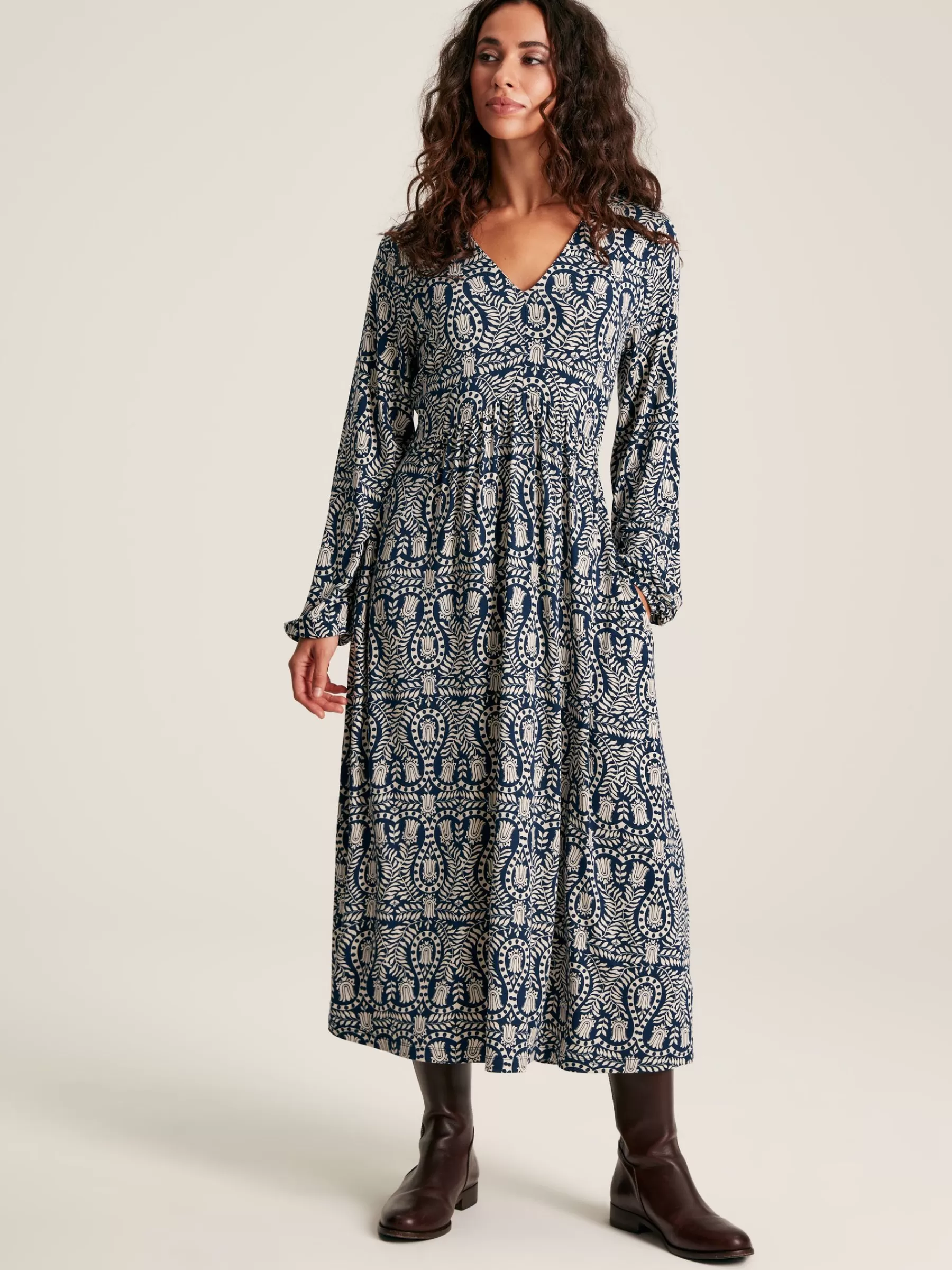 Joules Nia Navy Blue Printed Long Sleeve Midaxi Dress With Pockets NavyBlue Shop