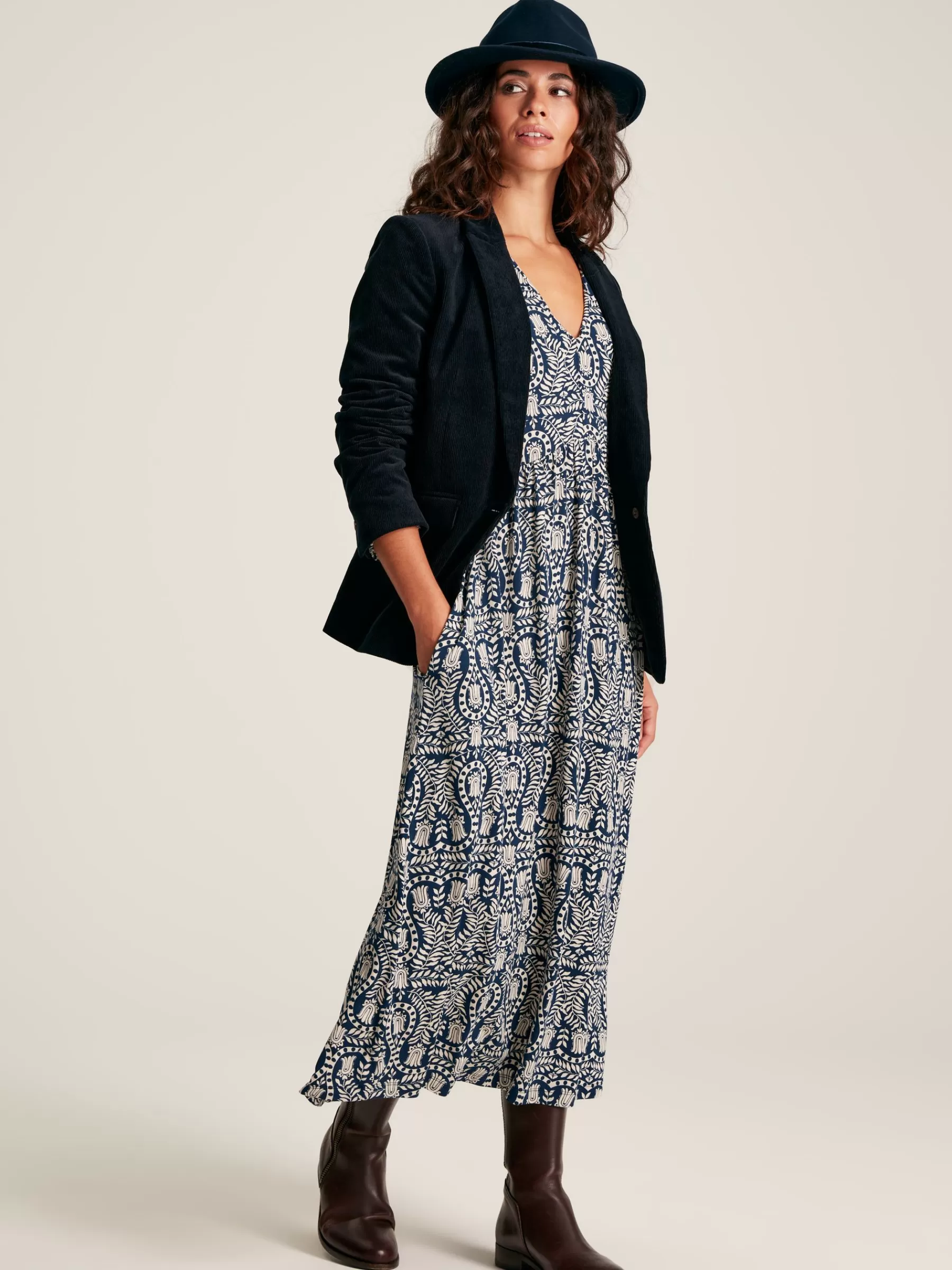 Joules Nia Navy Blue Printed Long Sleeve Midaxi Dress With Pockets NavyBlue Shop