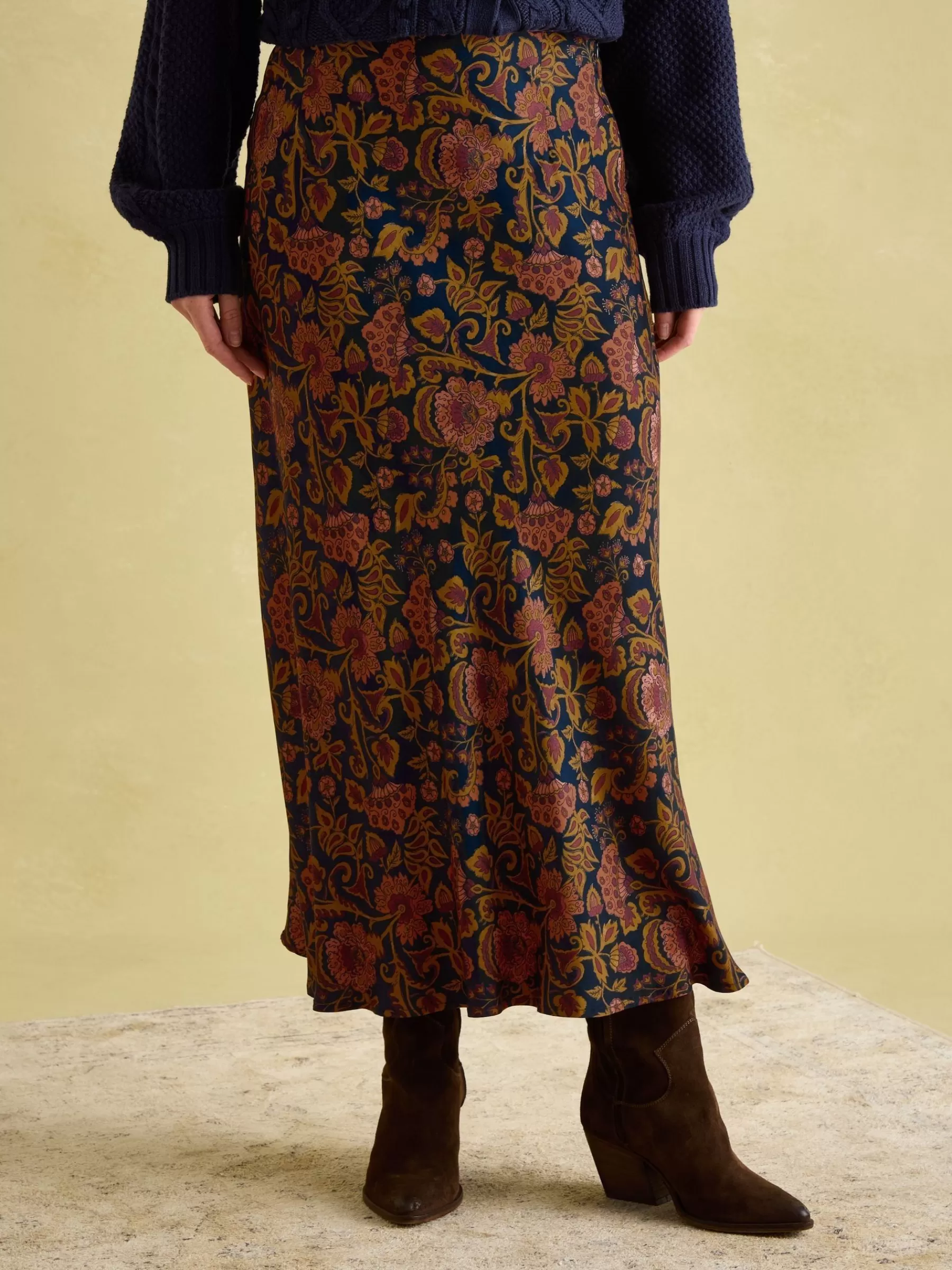 Joules Penelope Navy Floral Satin Midi Skirt NavyFloral Outlet
