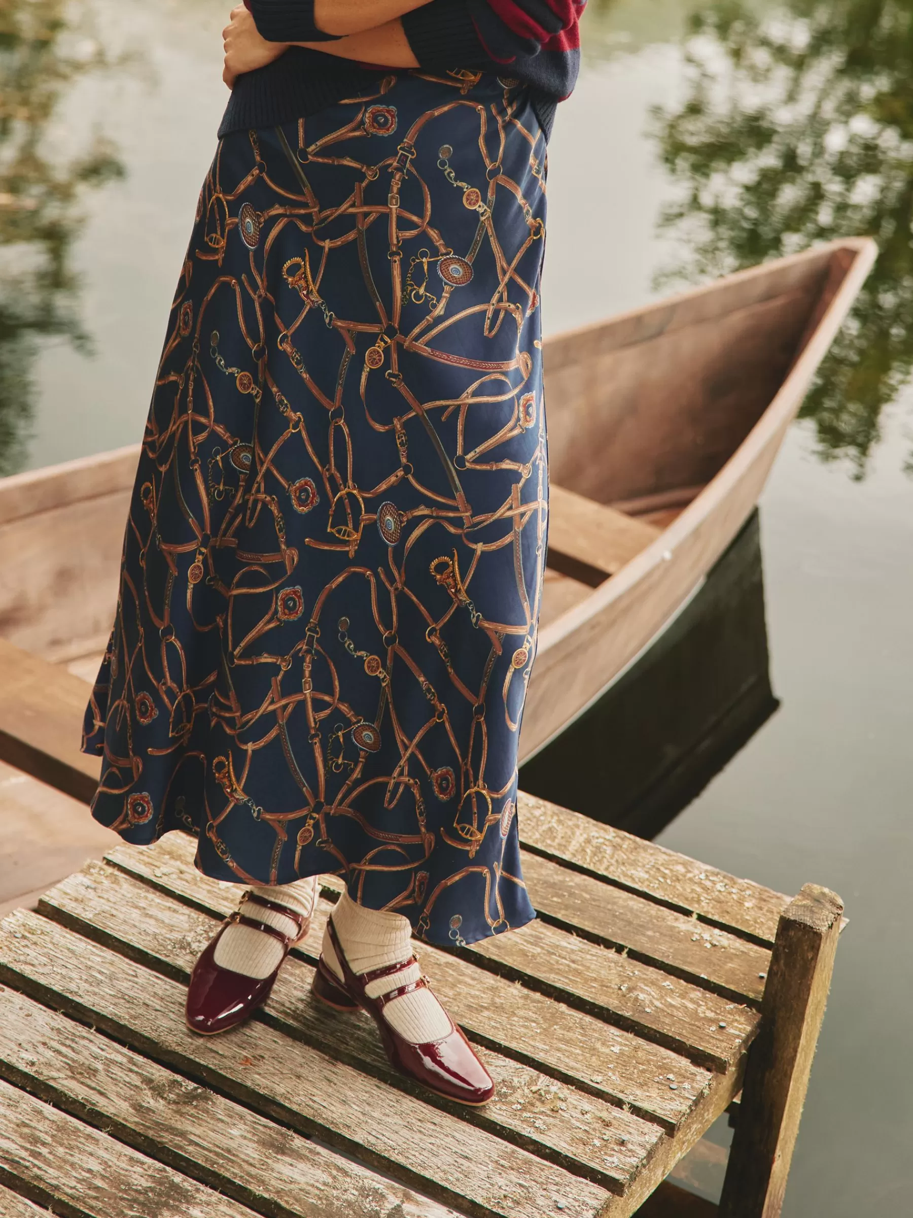 Joules Penelope Satin Midi Skirt Navy Hot