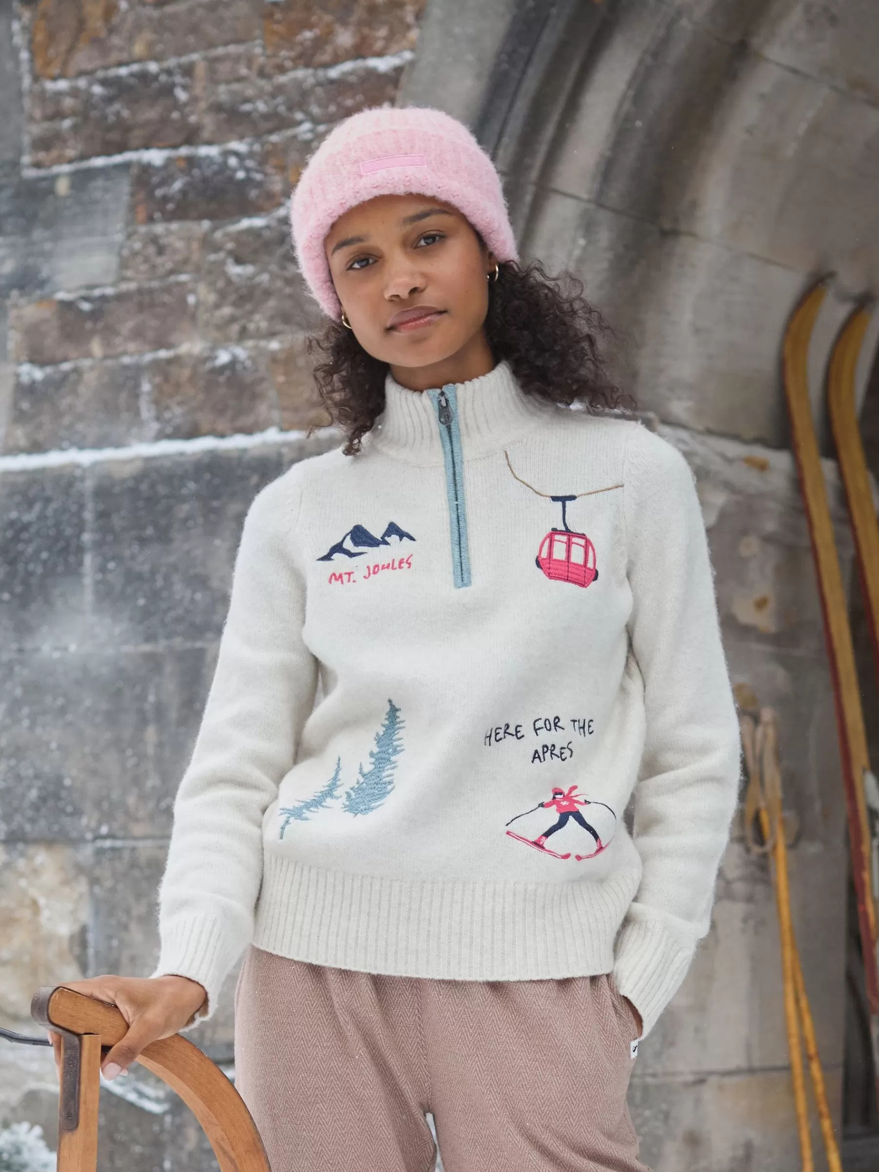 Joules Summit Quarter Zip Ski Jumper Cream Fashion